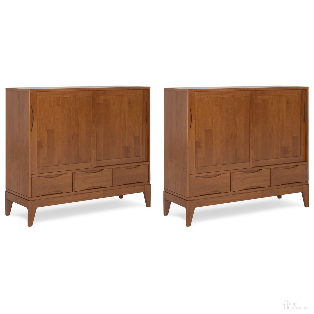 The appearance of Harper Storage Cabinet Set of 2 In Teak Brown designed by Simpli Home in the transitional interior design. This teak brown piece of furniture  was selected by 1StopBedrooms from Harper Collection to add a touch of cosiness and style into your home. Sku: HAS248C001TK. Material: Rubberwood.