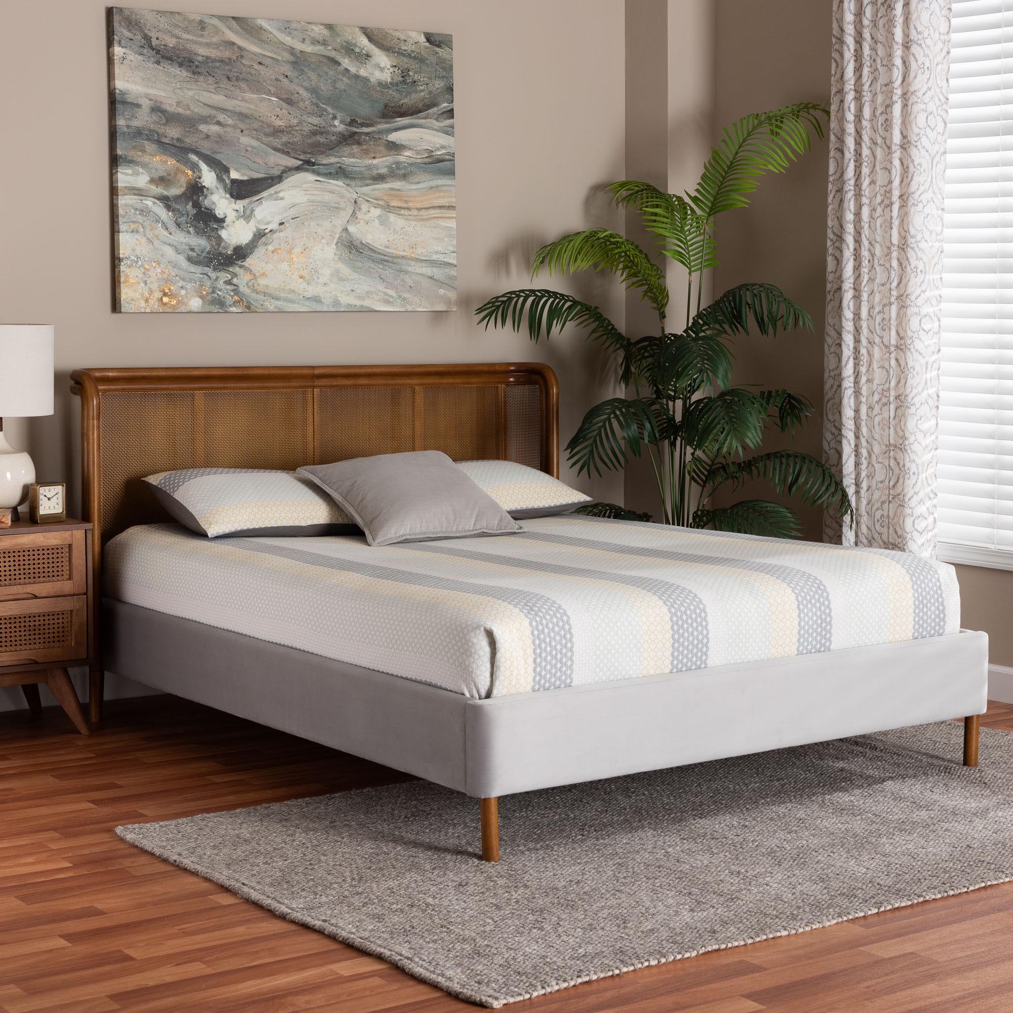 Harrell Woven Rattan Walnut Brown Wood Queen Platform Bed In Grey