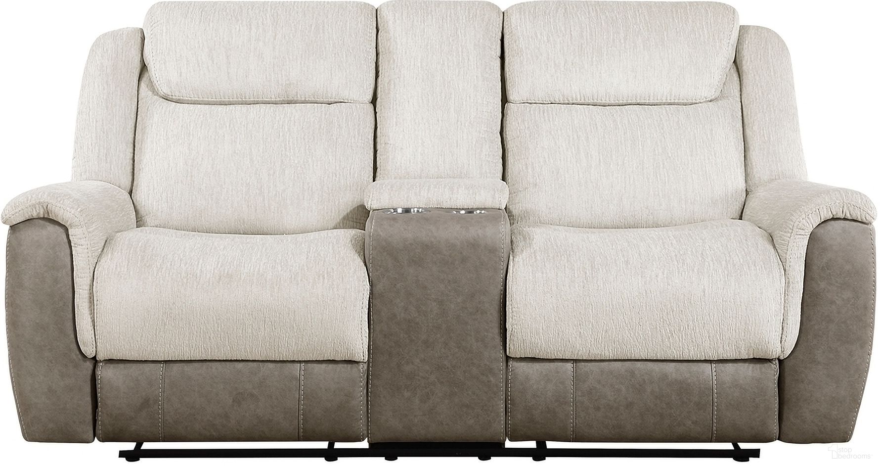 The appearance of Harriette Double Reclining Loveseat with Center Console In Cream designed by Homelegance in the transitional interior design. This cream piece of furniture  was selected by 1StopBedrooms from Harriette Collection to add a touch of cosiness and style into your home. Sku: 9703BE-2. Material: Polyester.