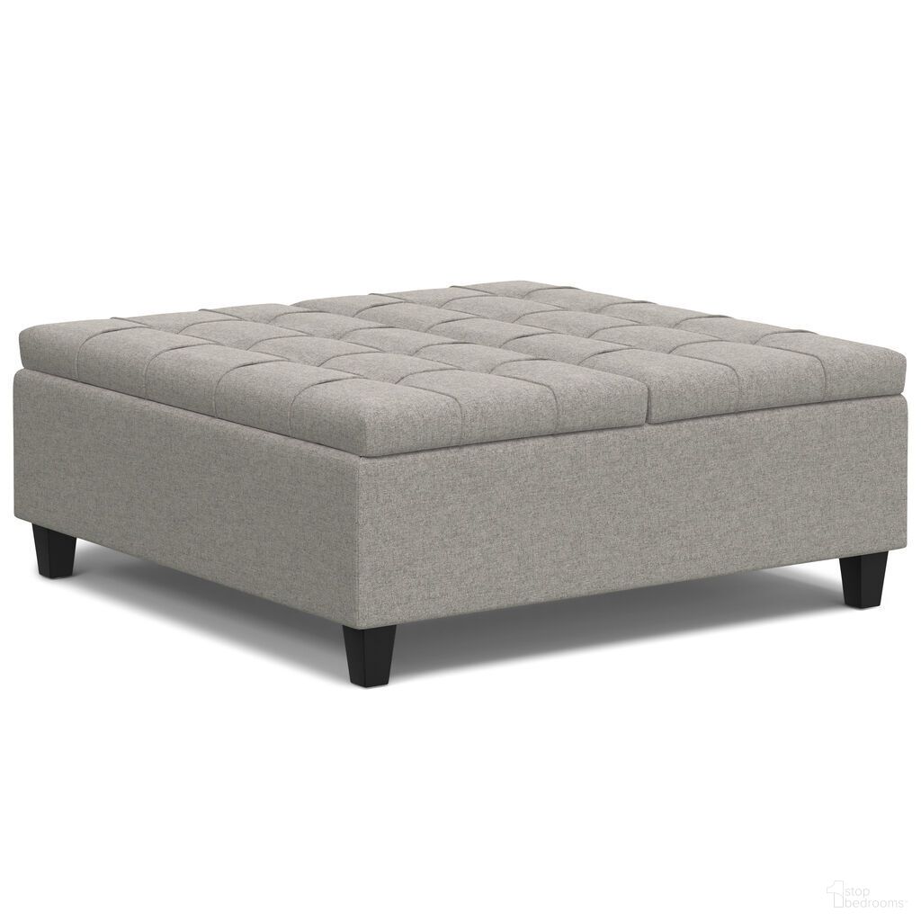 The appearance of Harrison Large Square Coffee Table Storage Ottoman In Cloud Grey designed by Simpli Home in the transitional interior design. This cloud grey piece of furniture was selected by 1StopBedrooms from Harrison Collection to add a touch of cosiness and style into your home. Sku: AXCOT-265LGQ-CLG. Material: Polyester.