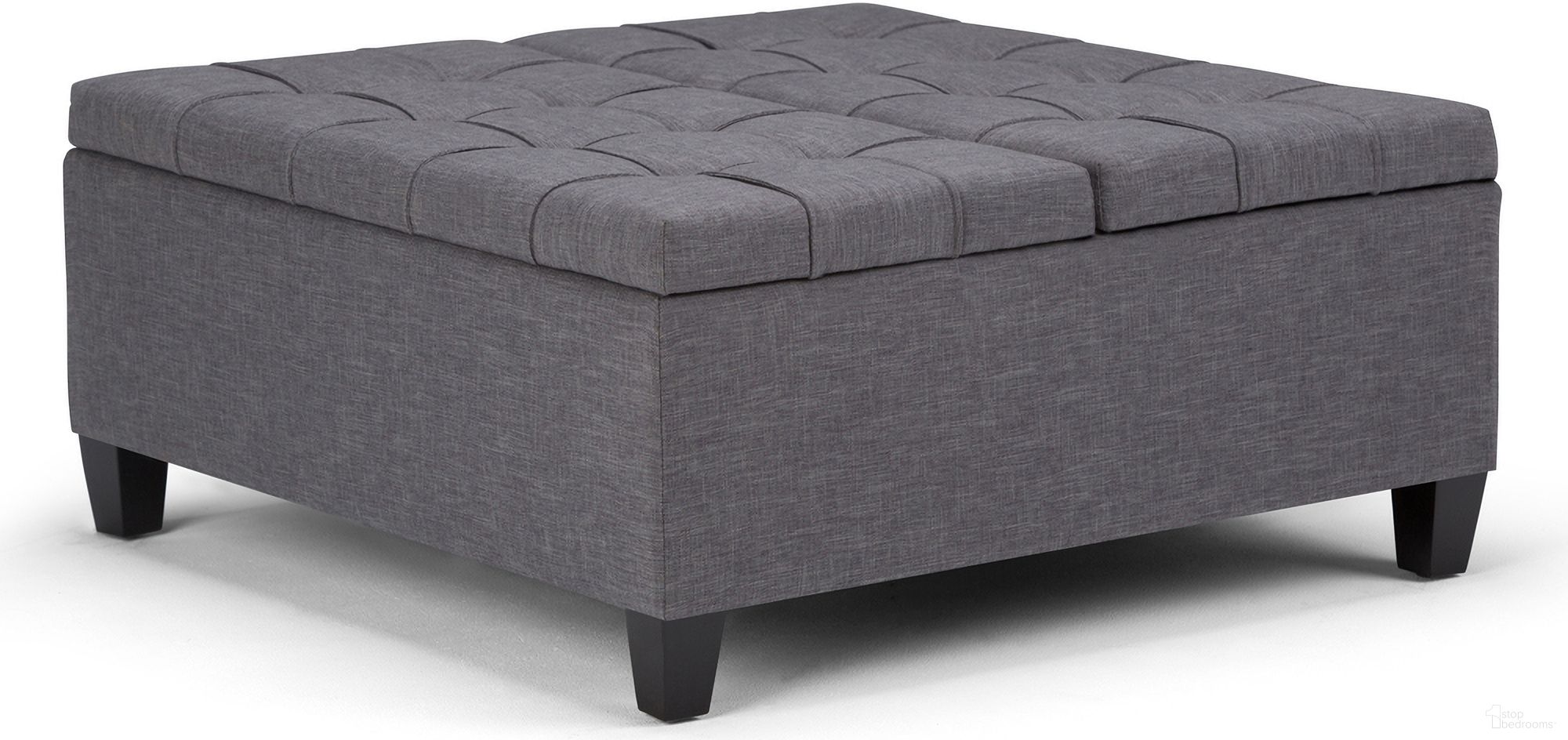 The appearance of Harrison Linen Look Fabric Coffee Table Storage Ottoman In Slate Grey designed by Simpli Home in the transitional interior design. This slate grey piece of furniture was selected by 1StopBedrooms from Harrison Collection to add a touch of cosiness and style into your home. Sku: AXCOT-265-SGL. Material: Linen.