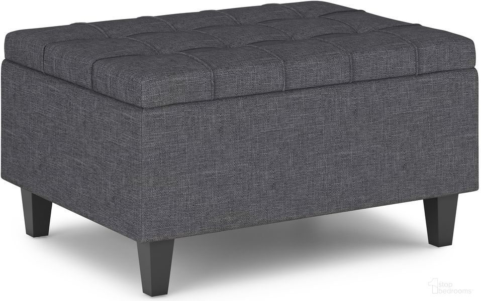 The appearance of Harrison Linen Look Fabric Small Coffee Table Storage Ottoman In Slate Grey designed by Simpli Home in the transitional interior design. This slate grey piece of furniture  was selected by 1StopBedrooms from Harrison Collection to add a touch of cosiness and style into your home. Sku: AXCOT-265SM-SGL. Material: Linen.