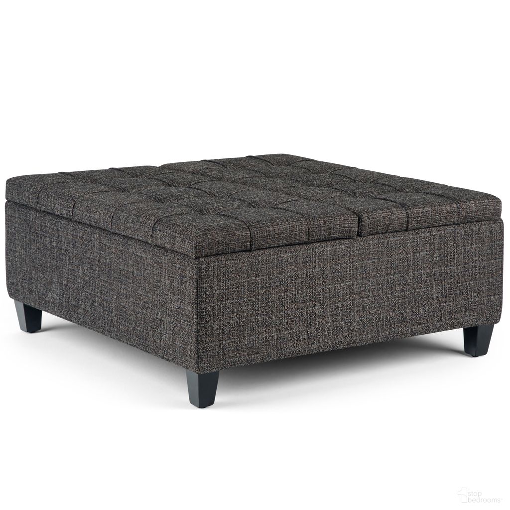 The appearance of Harrison Tweed Look Fabric Coffee Table Storage Ottoman In Ebony designed by Simpli Home in the transitional interior design. This ebony piece of furniture was selected by 1StopBedrooms from Harrison Collection to add a touch of cosiness and style into your home. Sku: AXCOT-265-DGR. Material: Polyester.