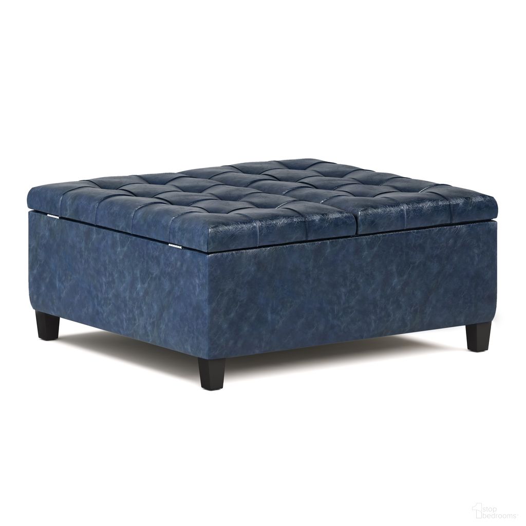 The appearance of Harrison Vegan Faux Leather Coffee Table Storage Ottoman In Denim Blue designed by Simpli Home in the transitional interior design. This denim blue piece of furniture was selected by 1StopBedrooms from Harrison Collection to add a touch of cosiness and style into your home. Sku: AXCOT-265-DBU. Material: Faux Leather.