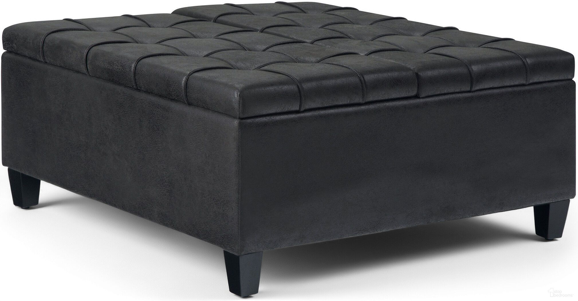 The appearance of Harrison Vegan Faux Leather Coffee Table Storage Ottoman In Distressed Black designed by Simpli Home in the transitional interior design. This distressed black piece of furniture was selected by 1StopBedrooms from Harrison Collection to add a touch of cosiness and style into your home. Sku: AXCOT-265-DBL. Material: Faux Leather.