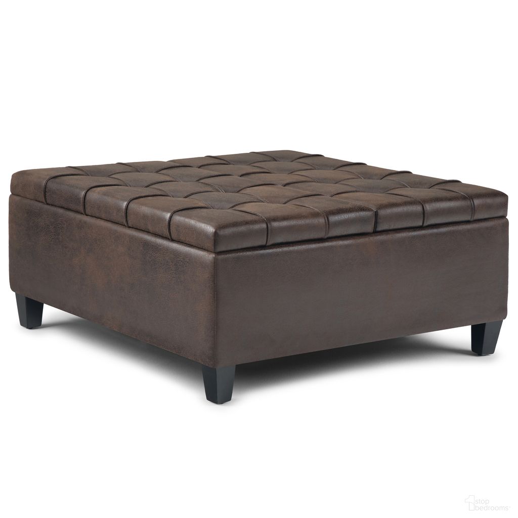 The appearance of Harrison Vegan Faux Leather Coffee Table Storage Ottoman In Distressed Brown designed by Simpli Home in the transitional interior design. This distressed brown piece of furniture was selected by 1StopBedrooms from Harrison Collection to add a touch of cosiness and style into your home. Sku: AXCOT-265-DBR. Material: Faux Leather.