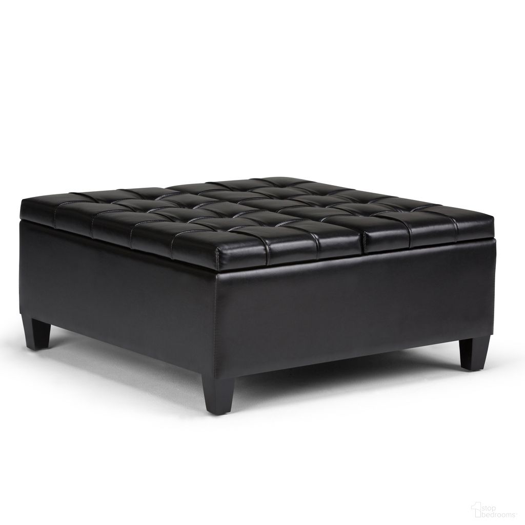 The appearance of Harrison Vegan Faux Leather Coffee Table Storage Ottoman In Midnight Black designed by Simpli Home in the transitional interior design. This midnight black piece of furniture was selected by 1StopBedrooms from Harrison Collection to add a touch of cosiness and style into your home. Sku: AXCOT-265-BL. Material: Faux Leather.