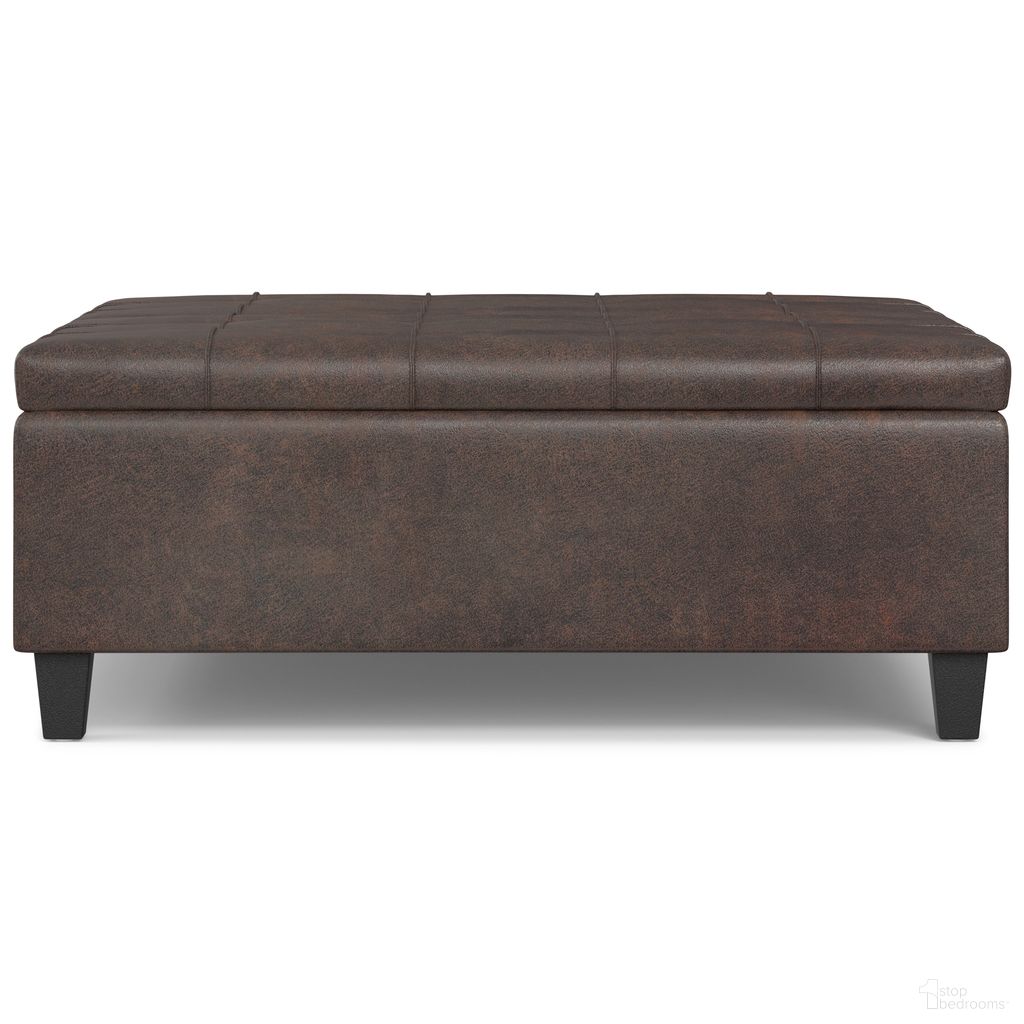 The appearance of Harrison Vegan Faux Leather Large Square Coffee Table Storage Ottoman In Distressed Brown designed by Simpli Home in the transitional interior design. This distressed brown piece of furniture was selected by 1StopBedrooms from Harrison Collection to add a touch of cosiness and style into your home. Sku: AXCOT-265LGQ-DBR. Material: Faux Leather.