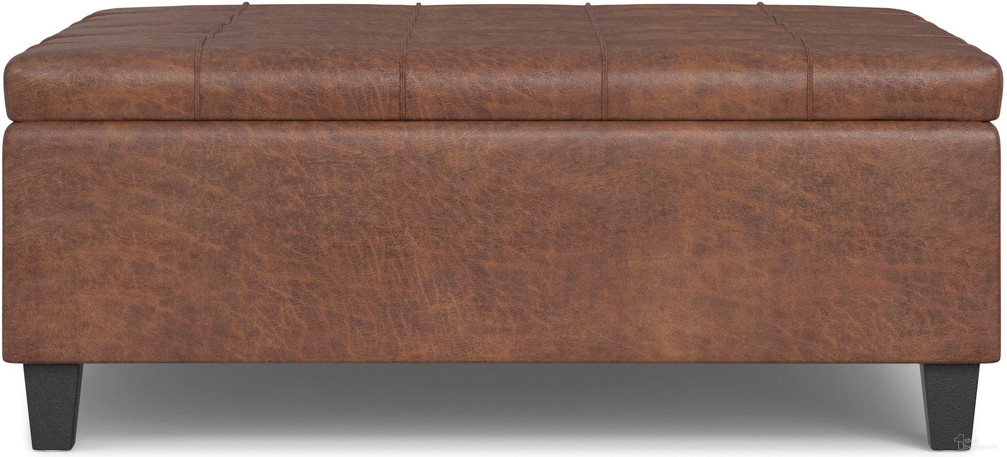 Harrison Vegan Faux Leather Large Square Coffee Table Storage Ottoman In Distressed Saddle Brown