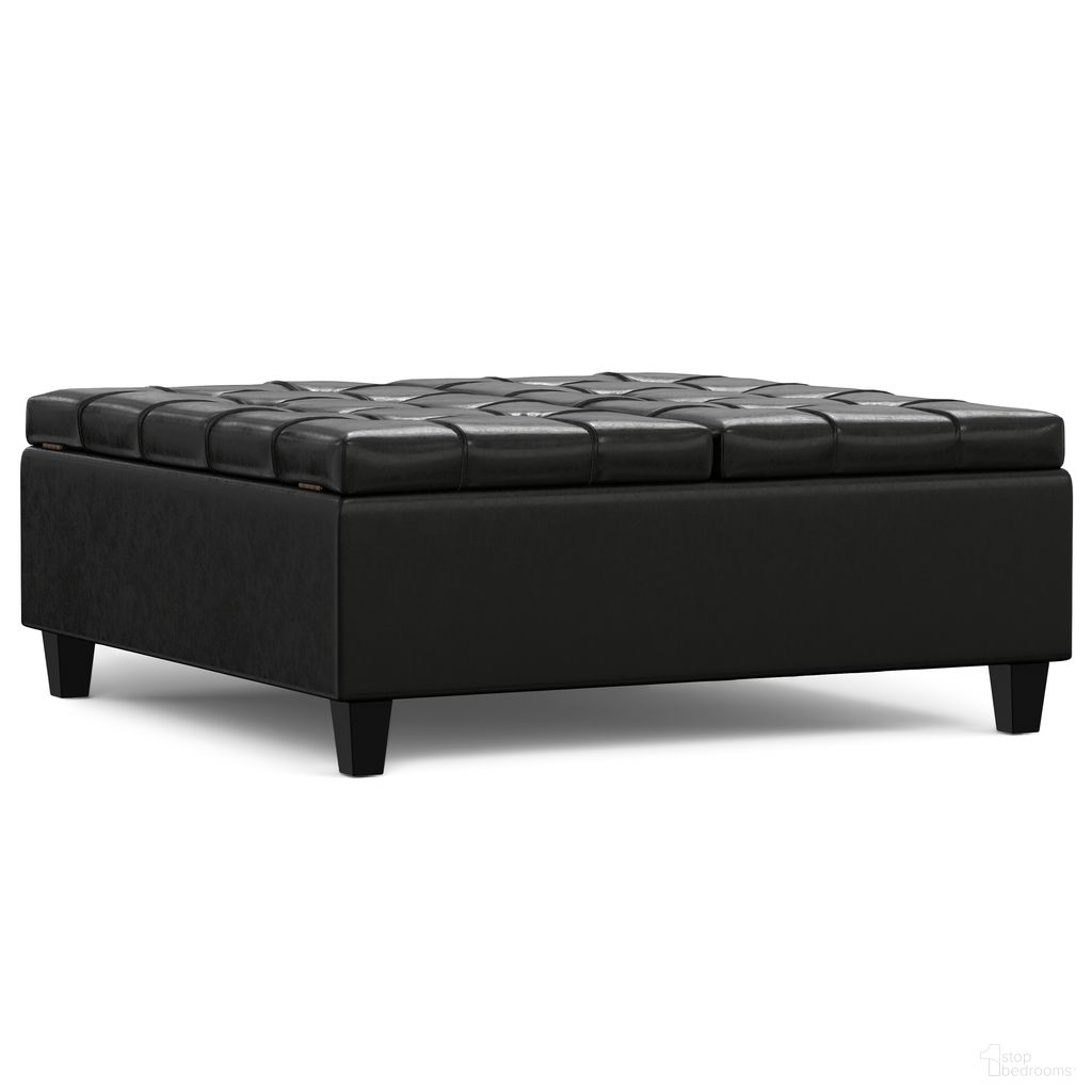 The appearance of Harrison Vegan Faux Leather Large Square Coffee Table Storage Ottoman In Midnight Black designed by Simpli Home in the transitional interior design. This midnight black piece of furniture was selected by 1StopBedrooms from Harrison Collection to add a touch of cosiness and style into your home. Sku: AXCOT-265LGQ-BL. Material: Faux Leather.