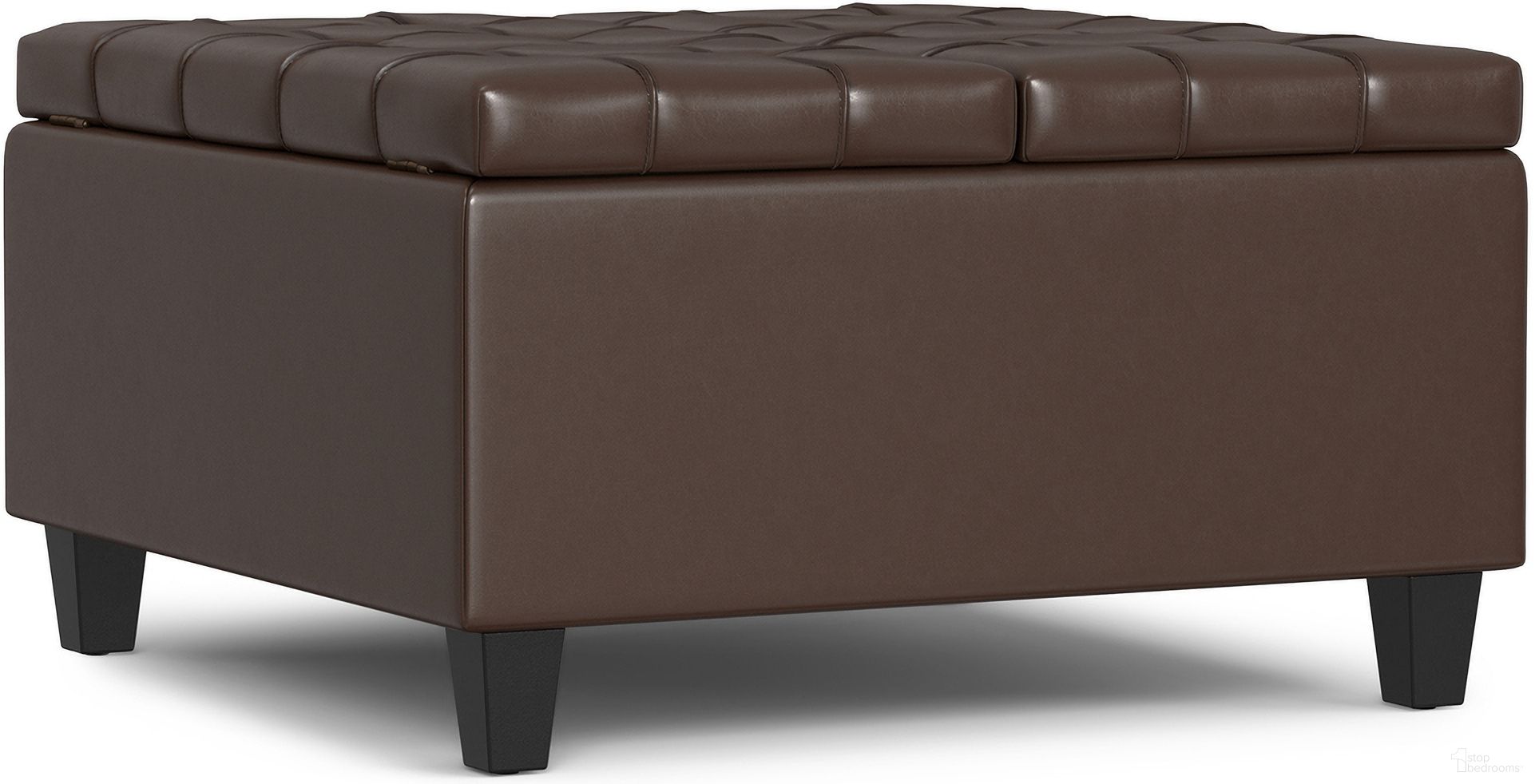 The appearance of Harrison Vegan Faux Leather Small Square Coffee Table Storage Ottoman In Chocolate Brown designed by Simpli Home in the transitional interior design. This chocolate brown piece of furniture was selected by 1StopBedrooms from Harrison Collection to add a touch of cosiness and style into your home. Sku: AXCOT-265SMQ-CBR. Material: Faux Leather.