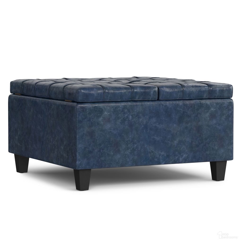 The appearance of Harrison Vegan Faux Leather Small Square Coffee Table Storage Ottoman In Denim Blue designed by Simpli Home in the transitional interior design. This denim blue piece of furniture was selected by 1StopBedrooms from Harrison Collection to add a touch of cosiness and style into your home. Sku: AXCOT-265SMQ-DBU. Material: Faux Leather.