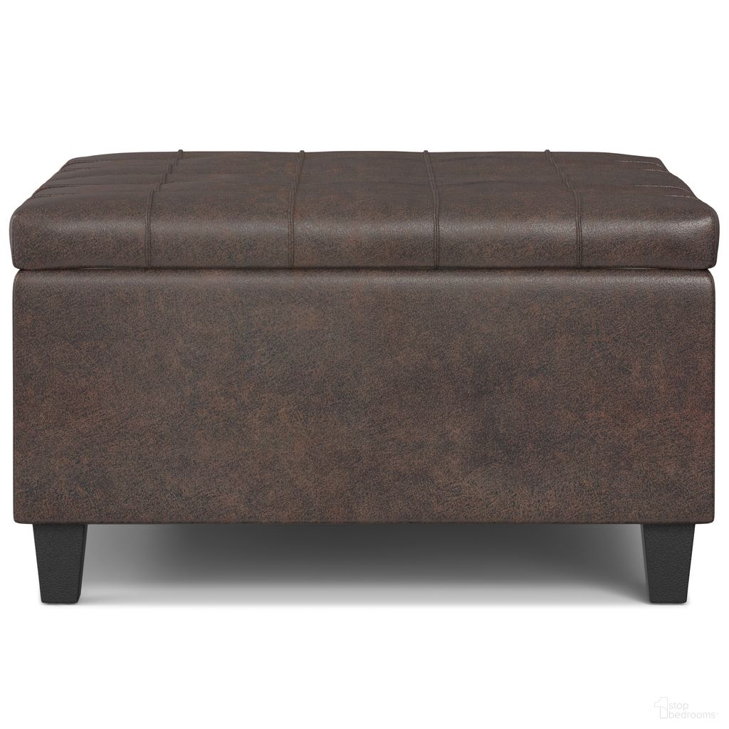 The appearance of Harrison Vegan Faux Leather Small Square Coffee Table Storage Ottoman In Distressed Brown designed by Simpli Home in the transitional interior design. This distressed brown piece of furniture was selected by 1StopBedrooms from Harrison Collection to add a touch of cosiness and style into your home. Sku: AXCOT-265SMQ-DBR. Material: Faux Leather.
