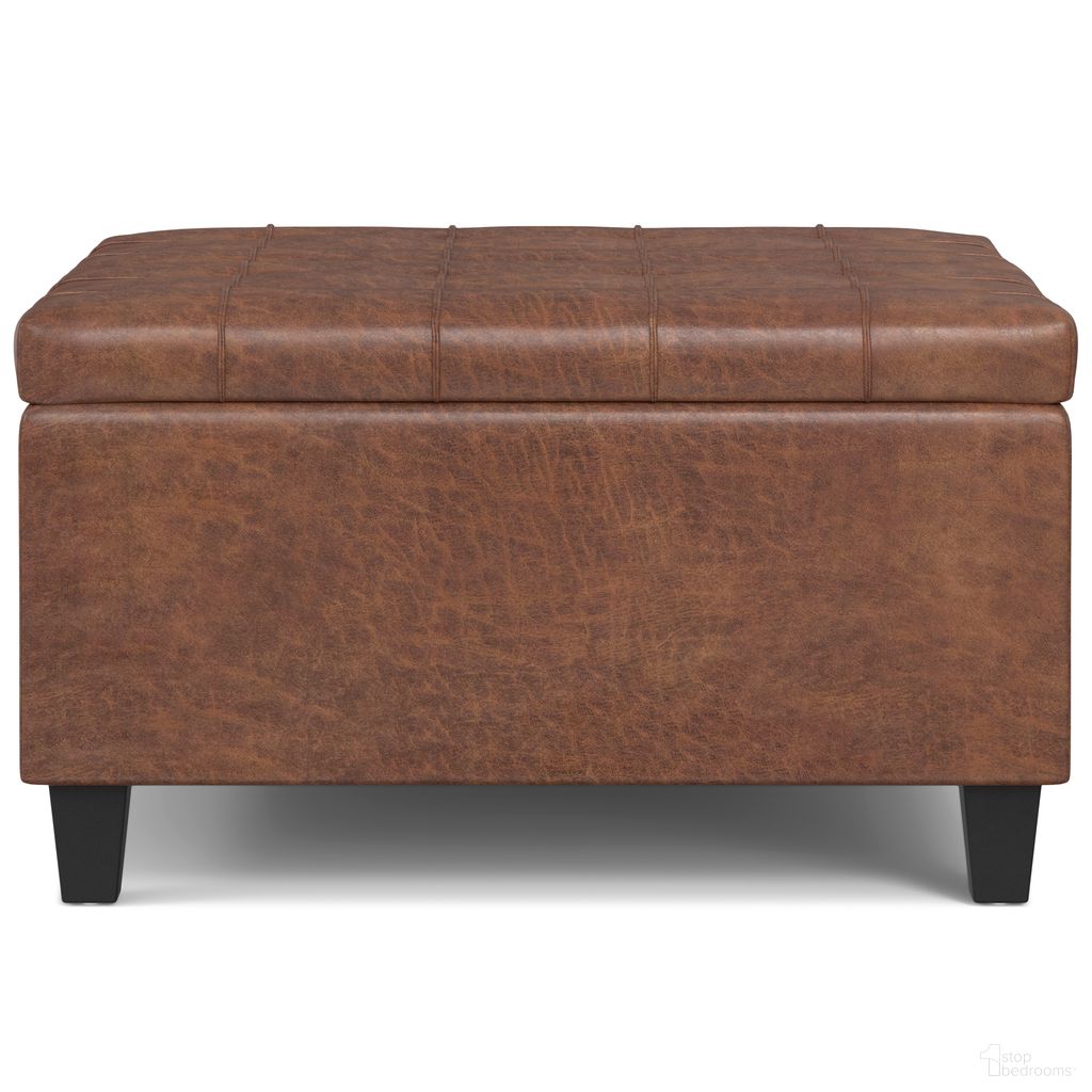 The appearance of Harrison Vegan Faux Leather Small Square Coffee Table Storage Ottoman In Distressed Saddle Brown designed by Simpli Home in the transitional interior design. This distressed saddle brown piece of furniture was selected by 1StopBedrooms from Harrison Collection to add a touch of cosiness and style into your home. Sku: AXCOT-265SMQ-DSB. Material: Faux Leather.