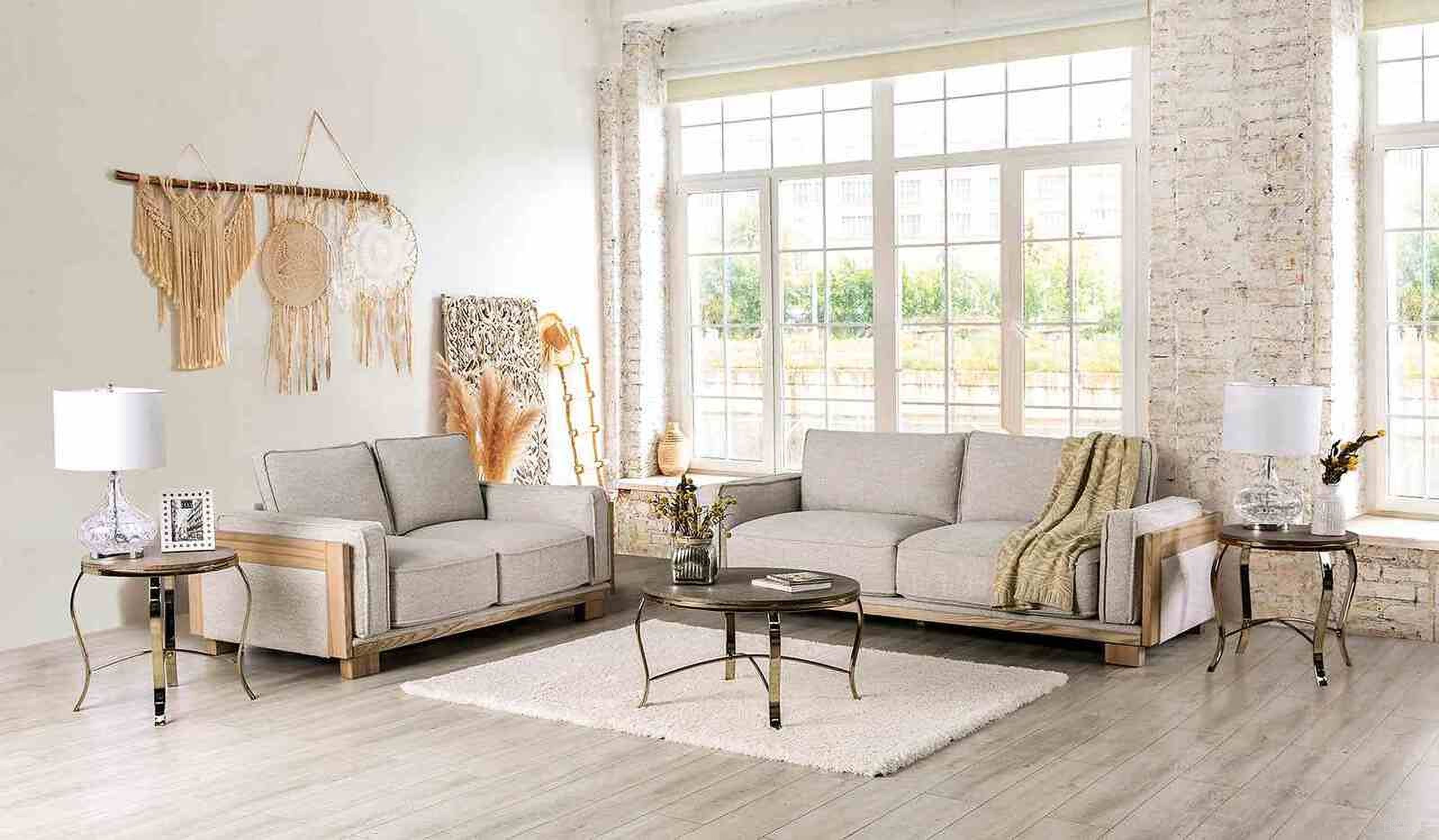 The appearance of Harstad Living Room Set In Light Brown and Natural designed by Furniture of America in the modern / contemporary interior design. This light brown and natural piece of furniture  was selected by 1StopBedrooms from Harstad Collection to add a touch of cosiness and style into your home. Sku: CM9983LB-SF;CM9983LB-LV. Material: Fabric.