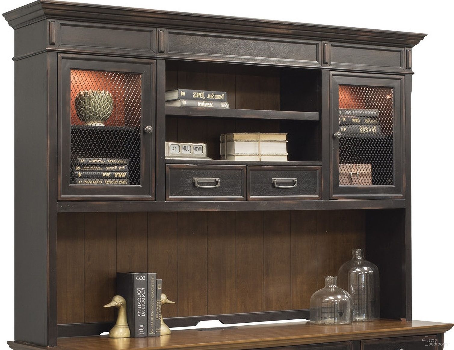 The appearance of Hartford Wood Hutch with Wire Mesh Doors In Two Toned Black designed by Martin Furniture in the traditional interior design. This two toned black piece of furniture was selected by 1StopBedrooms from Hartford Collection to add a touch of cosiness and style into your home. Sku: IMHF682. Material: Wood.