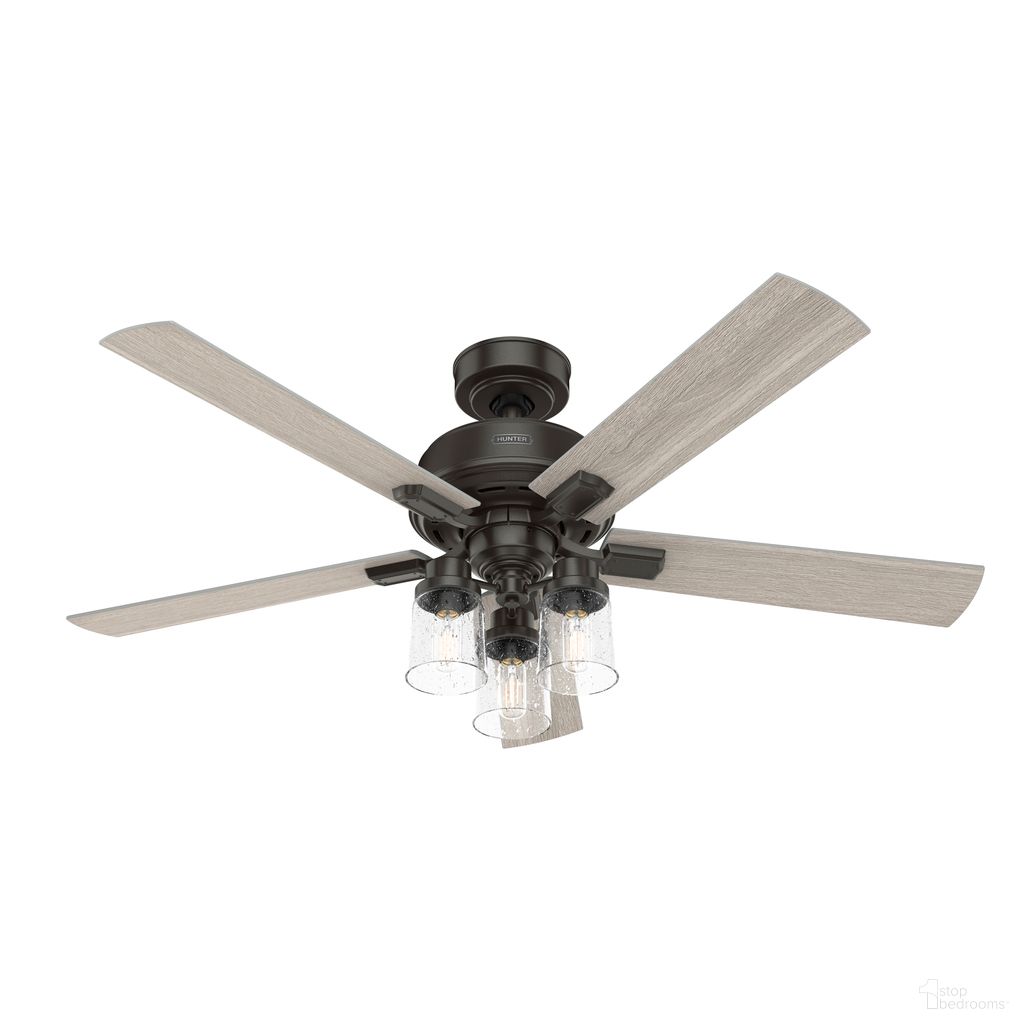 The appearance of Hartland 52 Inch Ceiling Fan with LED Light Kit and Handheld Remote In Noble Bronze and Light Gray Oak designed by Hunter Fan in the transitional interior design. This noble bronze/light gray oak piece of furniture  was selected by 1StopBedrooms from Hartland Collection to add a touch of cosiness and style into your home. Sku: 51854. Material: MDF.