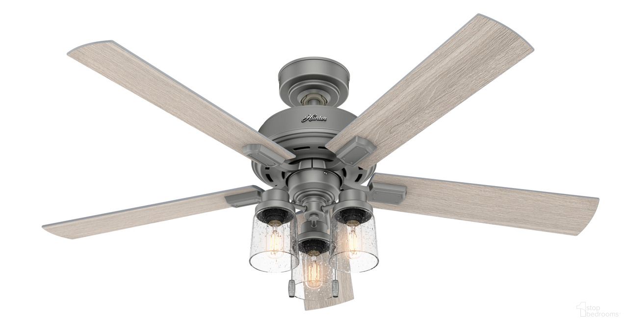 The appearance of Hartland 52 Inch Ceiling Fan with LED Light Kit and Pull Chain In Matte Silver and Light Gray Oak designed by Hunter Fan in the transitional interior design. This matte silver/light gray oak piece of furniture was selected by 1StopBedrooms from Hartland Collection to add a touch of cosiness and style into your home. Sku: 50651. Material: MDF.