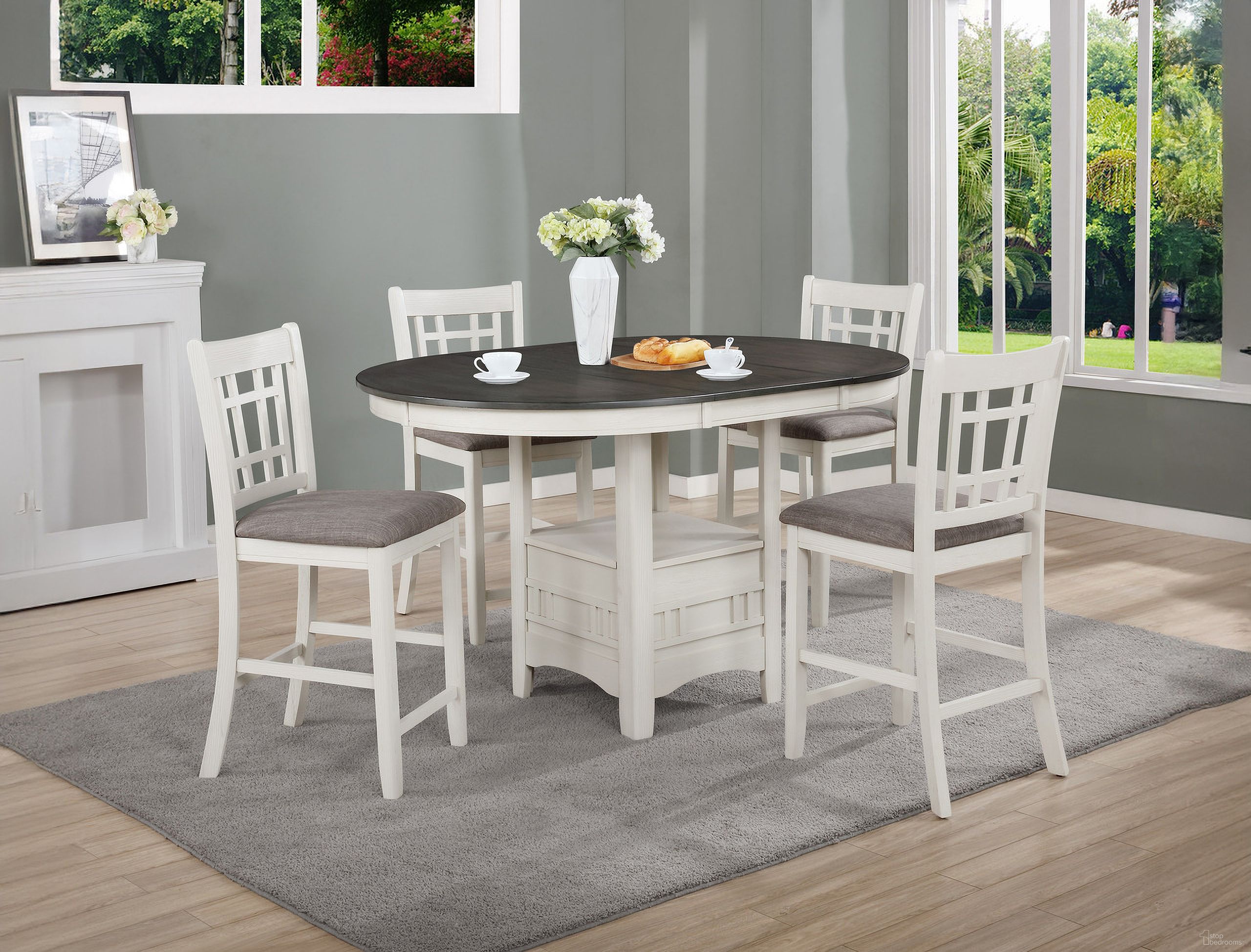 The appearance of Hartwell Counter Height Dining Room Set In Chalk Grey designed by Crown Mark in the transitional interior design. This chalk grey piece of furniture was selected by 1StopBedrooms from Hartwell Collection to add a touch of cosiness and style into your home. Sku: 2795CG-T-4260;2795CG-S-24. Table Top Shape: Oval. Material: MDF. Size: 42" x 60".