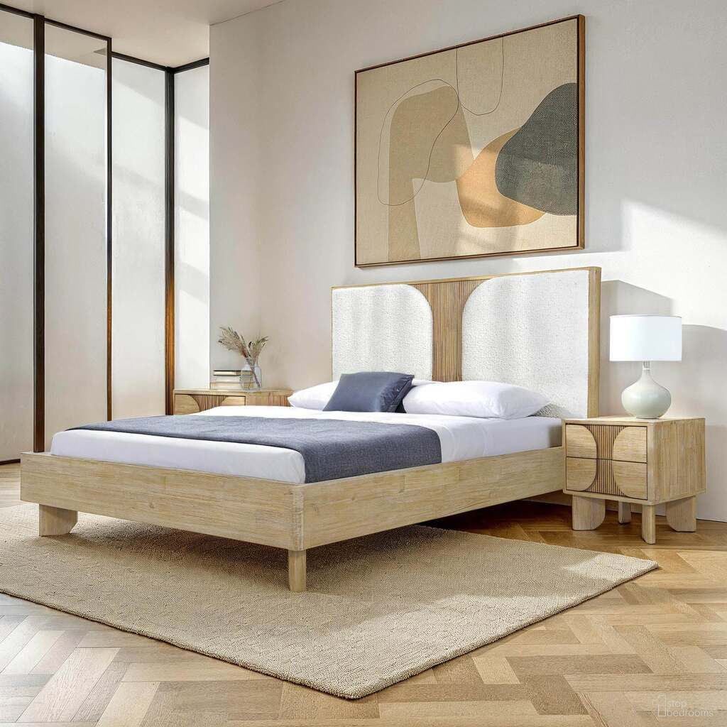 The appearance of Haru Queen Bed In White Boucle and Sand Wash designed by LH Imports in the modern / contemporary interior design. This white boucle/sand wash piece of furniture was selected by 1StopBedrooms from Haru Collection to add a touch of cosiness and style into your home. Sku: HAR001Q. Bed Size: Queen. Material: Acacia.