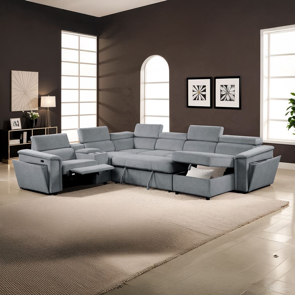 The appearance of Harvey Sleeper Sectional In Gray and Black designed by Galaxy Home Furnishings in the modern / contemporary interior design. This gray and black piece of furniture was selected by 1StopBedrooms from Harvey Collection to add a touch of cosiness and style into your home. Sku: 601955556156-1;601955556156-2;601955556156-3;601955556156-4;601955556156-5. Material: Fabric.