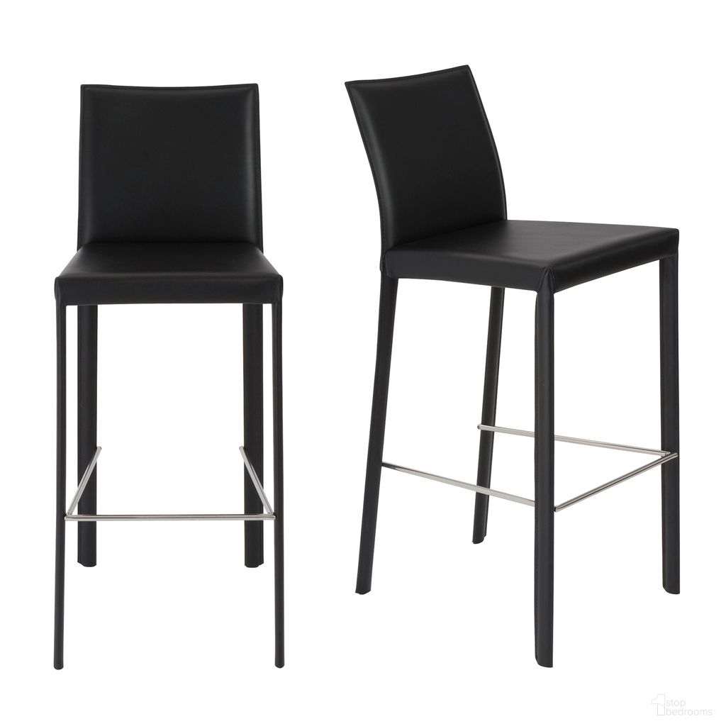 The appearance of Hasina Barstool Set of 2 In Black designed by Euro Style in the modern / contemporary interior design. This black piece of furniture was selected by 1StopBedrooms from Hasina Collection to add a touch of cosiness and style into your home. Sku: 38625BLK. Material: Leather.