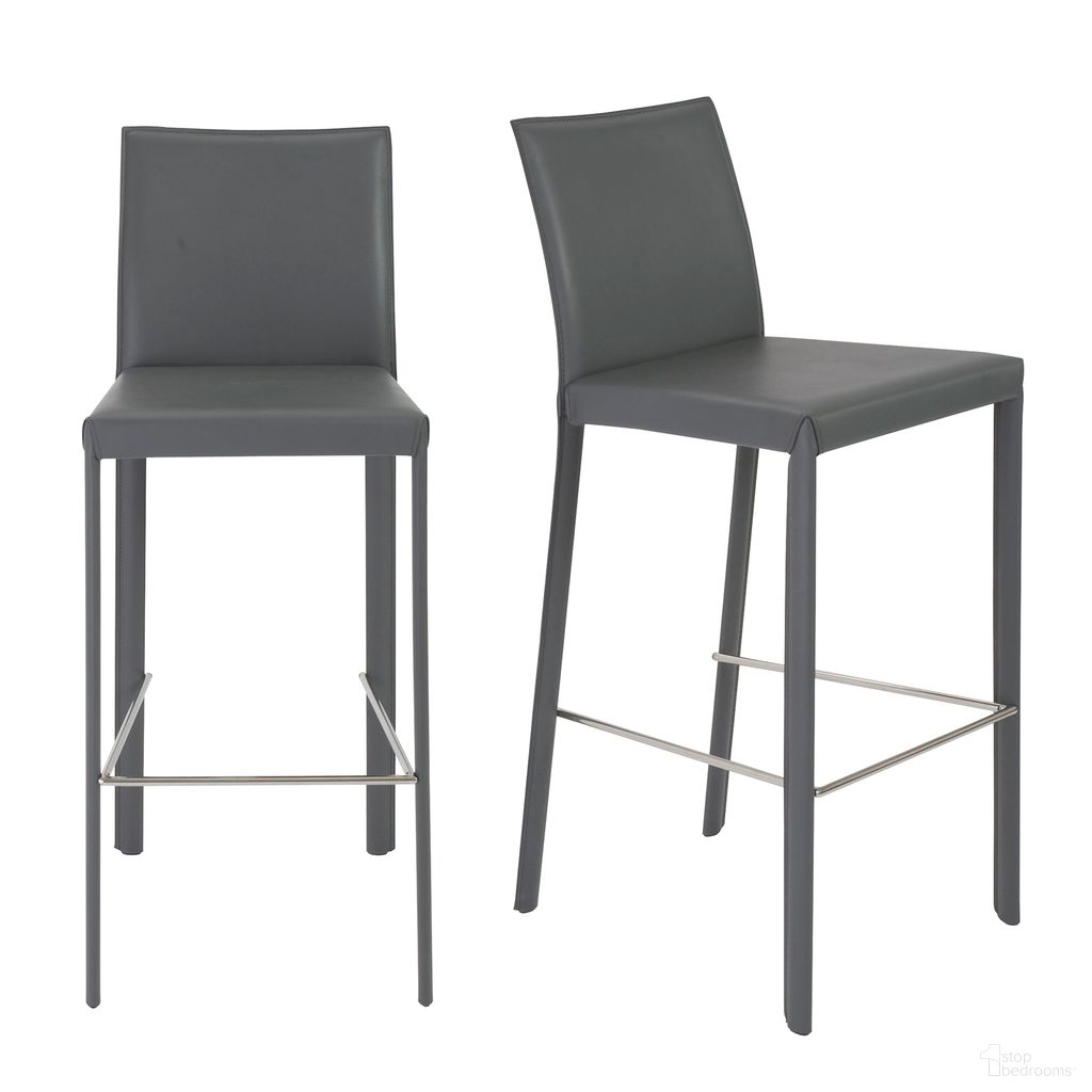 The appearance of Hasina Barstool Set of 2 In Gray designed by Euro Style in the modern / contemporary interior design. This gray piece of furniture was selected by 1StopBedrooms from Hasina Collection to add a touch of cosiness and style into your home. Sku: 38625GRY. Material: Leather.