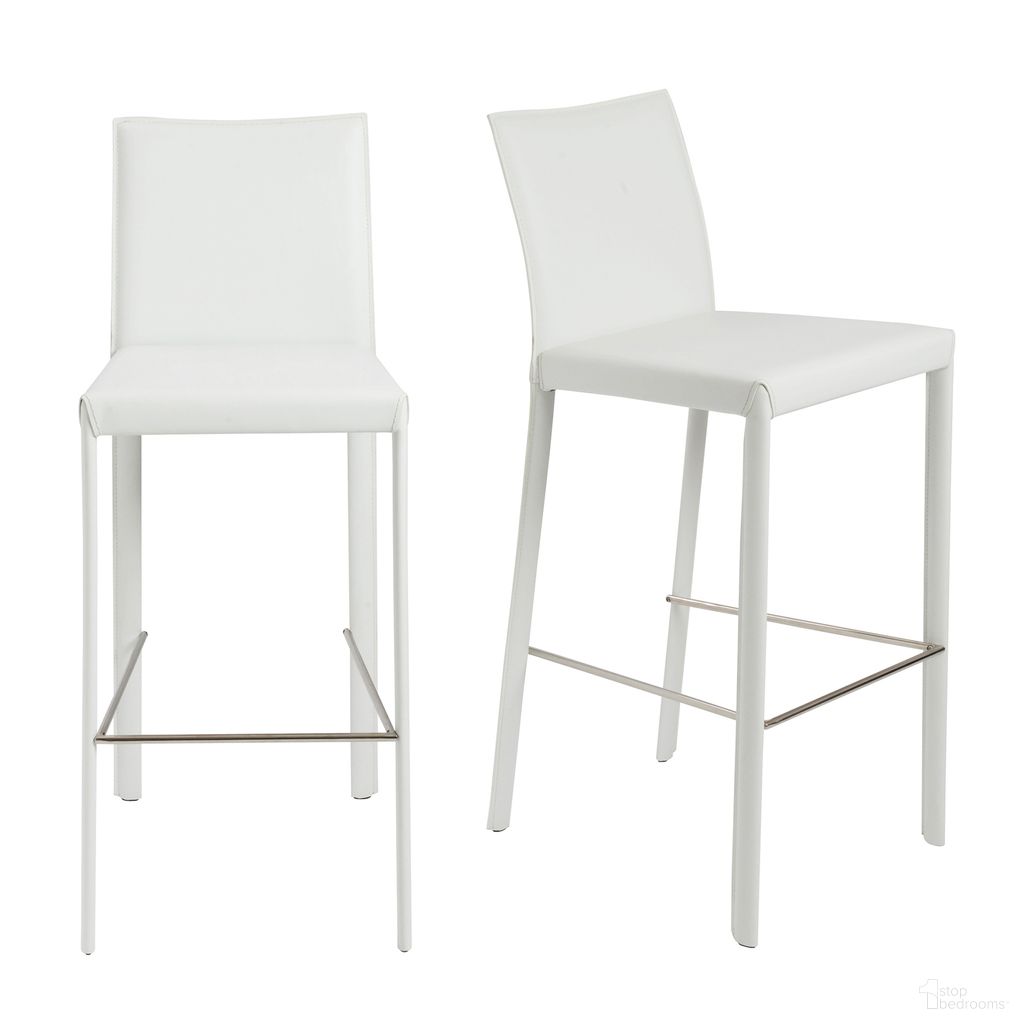 The appearance of Hasina Barstool Set of 2 In White designed by Euro Style in the modern / contemporary interior design. This white piece of furniture was selected by 1StopBedrooms from Hasina Collection to add a touch of cosiness and style into your home. Sku: 38625WHT. Material: Leather.