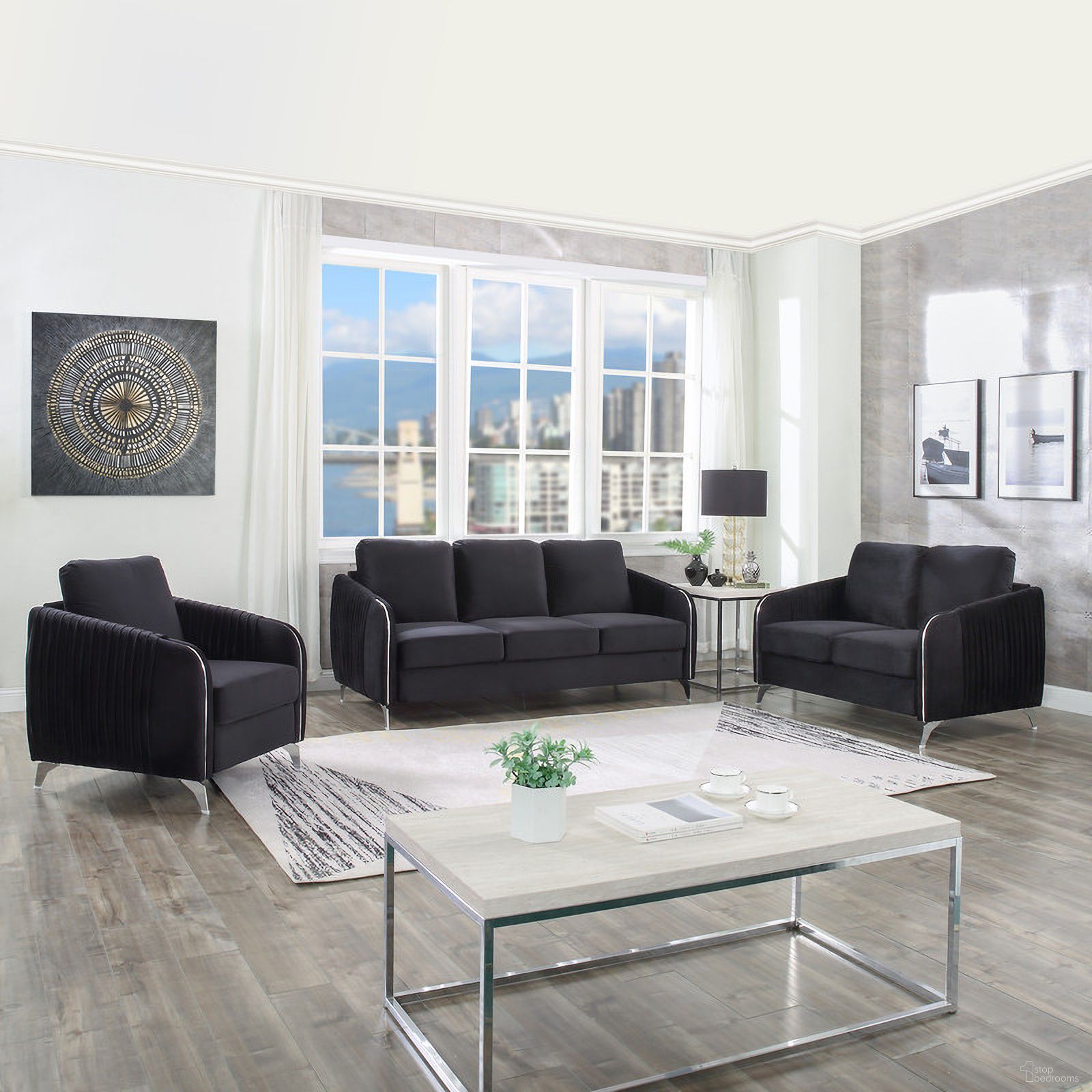 The appearance of Hathaway Black Velvet Fabric Sofa Loveseat Chair Living Room Set designed by Lilola Home in the modern / contemporary interior design. This black piece of furniture  was selected by 1StopBedrooms from Hathaway Collection to add a touch of cosiness and style into your home. Sku: 89726-C;89726-L;89726-S. Material: Velvet.