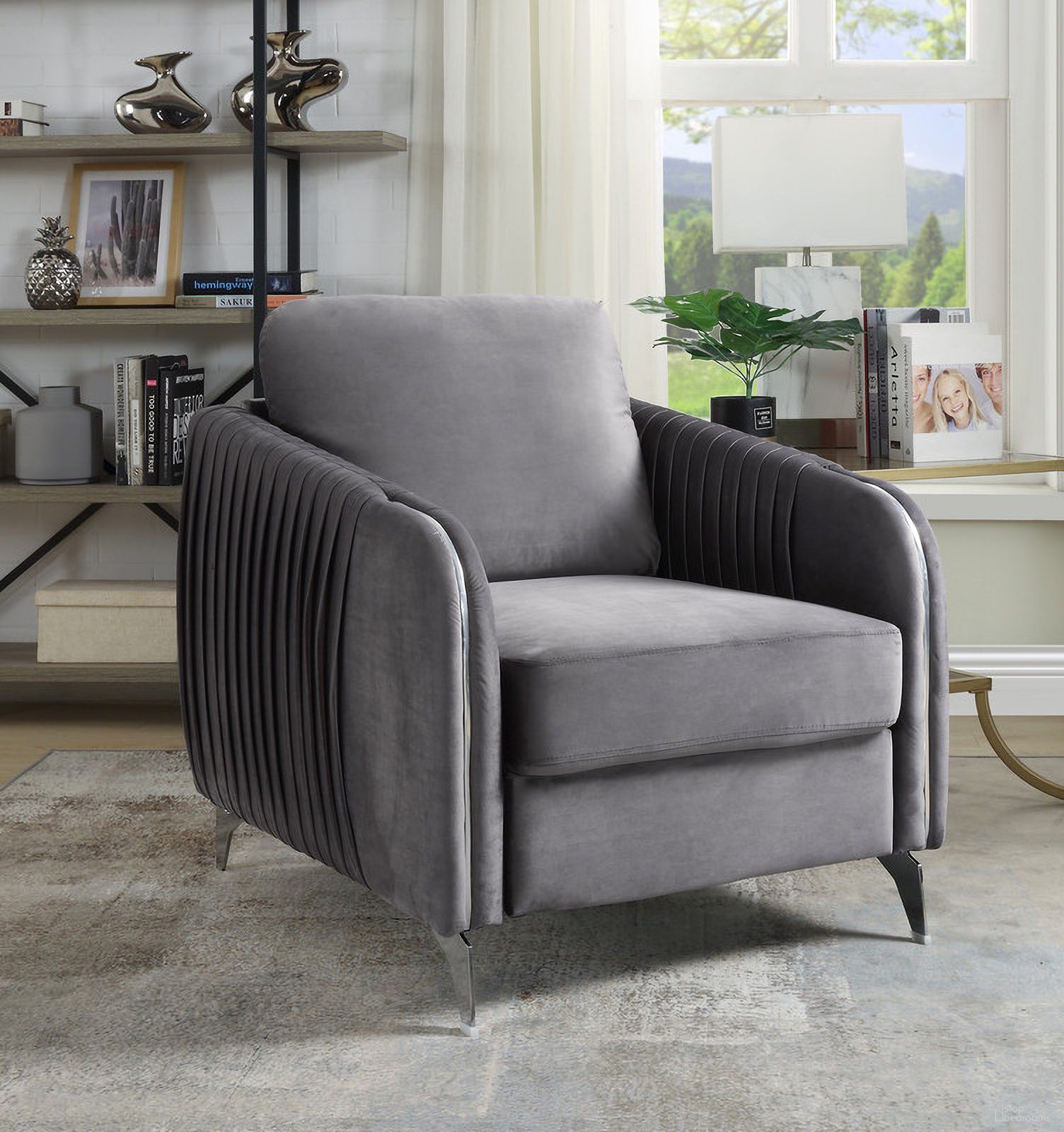 The appearance of Hathaway Gray Velvet Modern Chic Accent Armchair designed by Lilola Home in the modern / contemporary interior design. This gray piece of furniture  was selected by 1StopBedrooms from Hathaway Collection to add a touch of cosiness and style into your home. Sku: 89725-C. Material: Velvet.