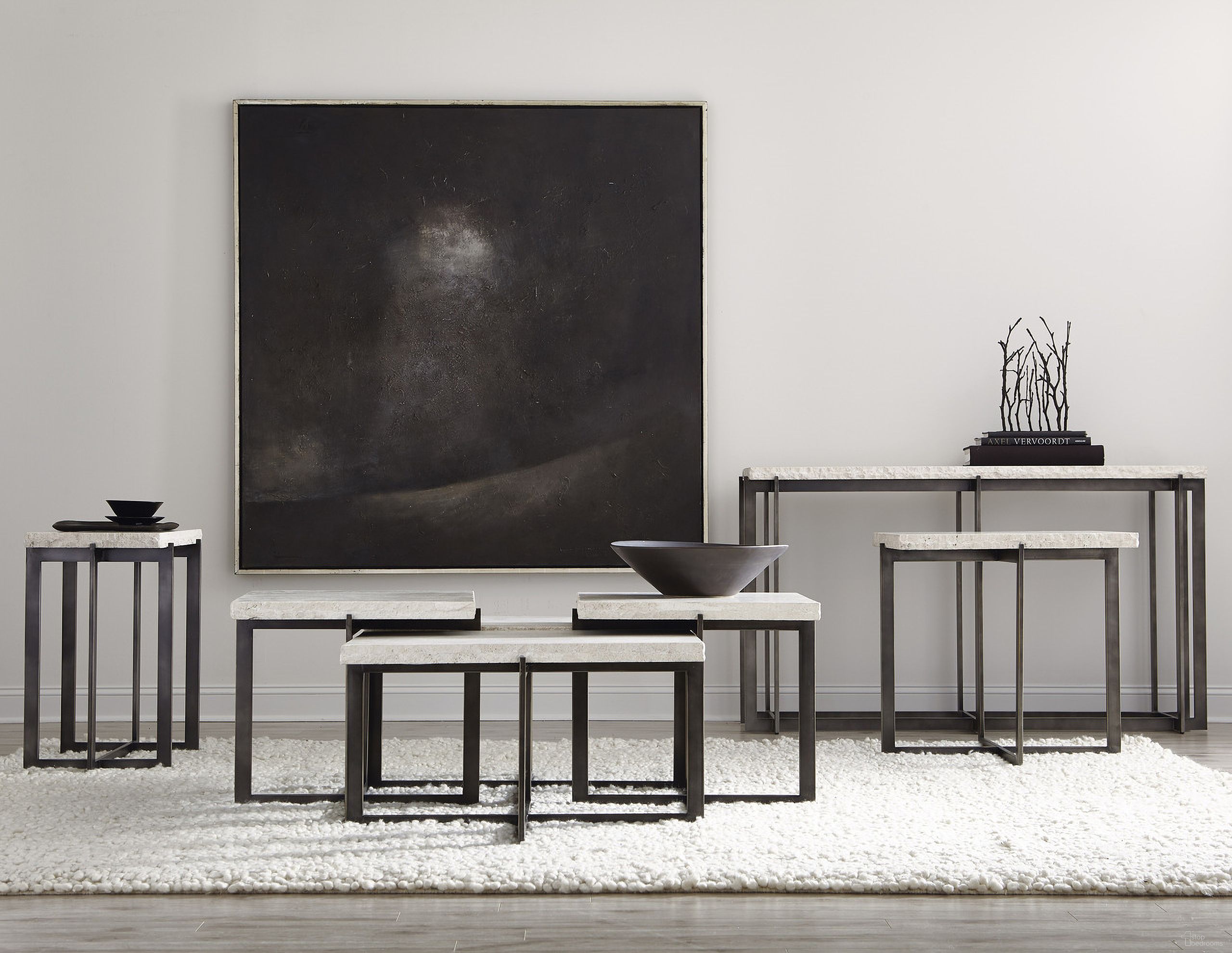 The appearance of Hathaway Metal Bunching Occasional Table Set designed by Bernhardt in the modern / contemporary interior design. This bronze piece of furniture  was selected by 1StopBedrooms from Hathaway Collection to add a touch of cosiness and style into your home. Sku: 510010;510122. Material: Steel.