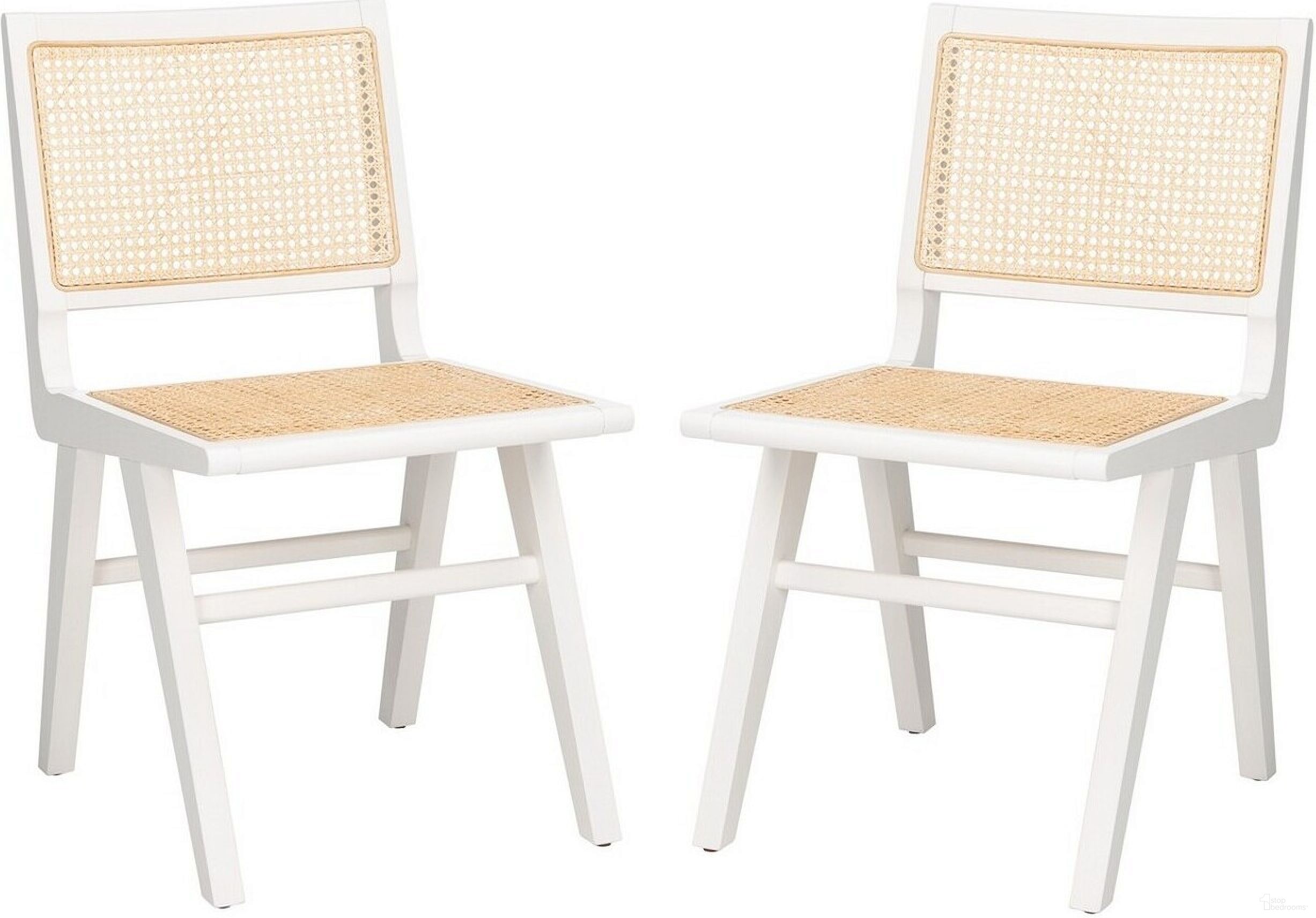 Hattie French Cane Dining Chair Set of 2 In White And Natural