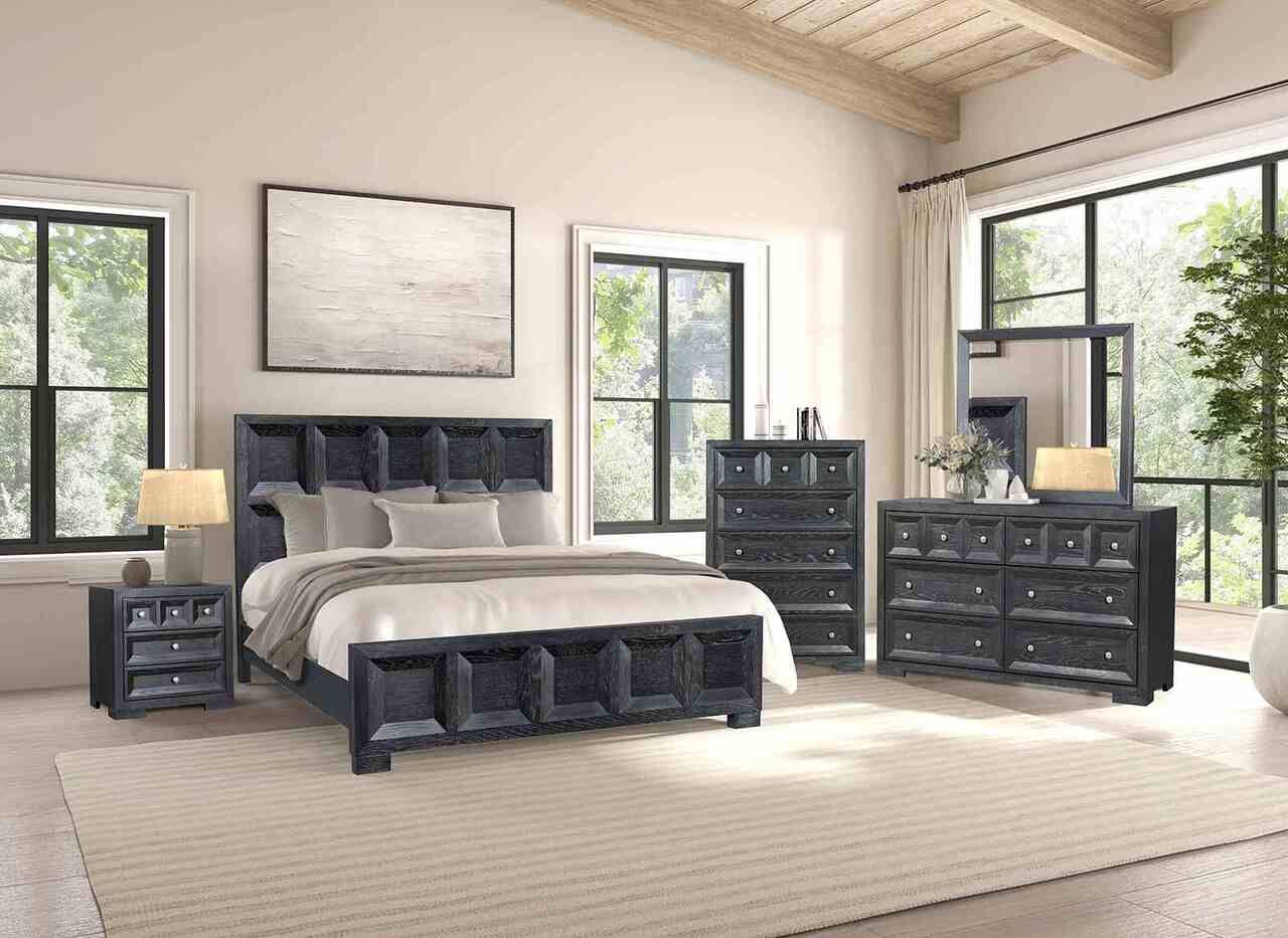 The appearance of Hatton Cross Bedroom Set In Weathered Black designed by Furniture of America in the modern / contemporary interior design. This weathered black piece of furniture was selected by 1StopBedrooms from Hatton Cross Collection to add a touch of cosiness and style into your home. Sku: FM79011BK-Q-FB;FM79011BK-Q-HB;FM79011BK-R;FM79011BK-N. Bed Size: King. Material: Engineered Wood.