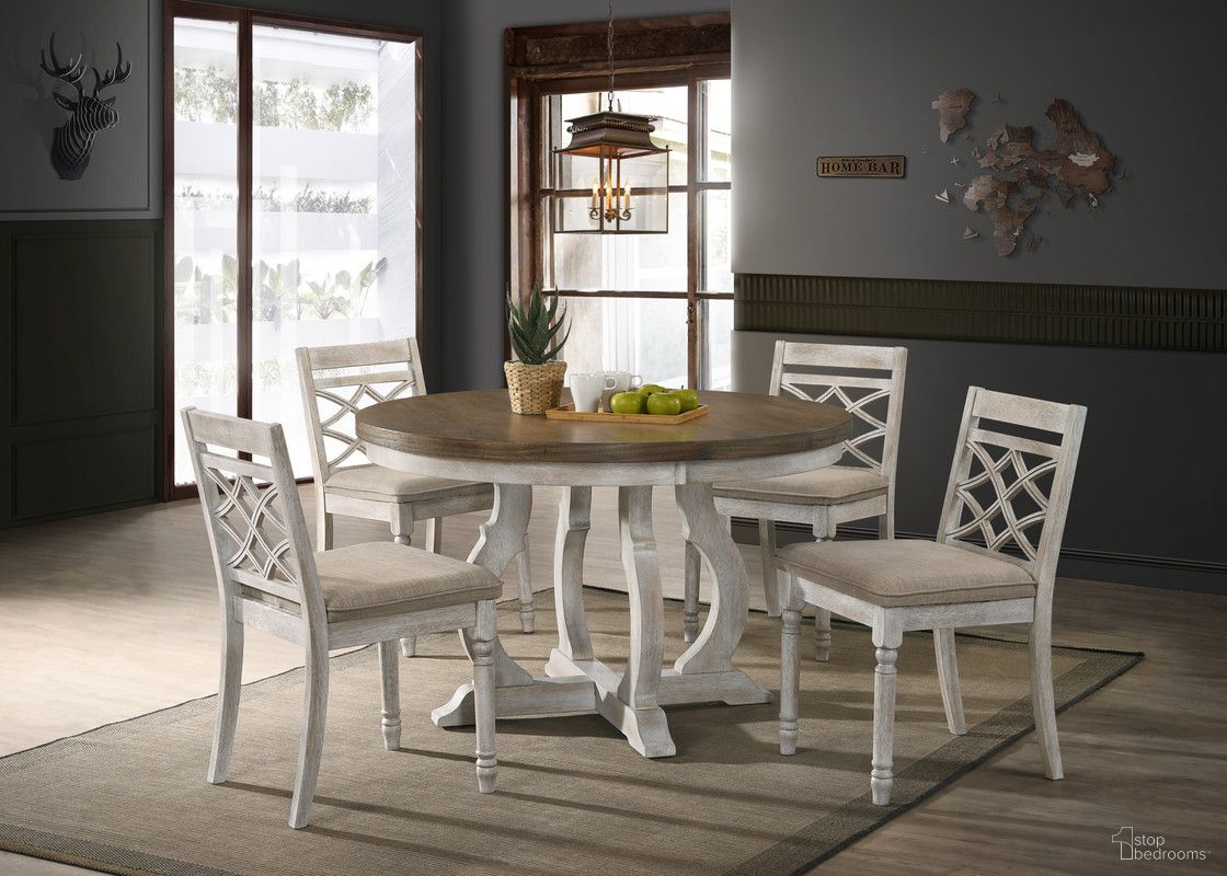 The appearance of Havanna 5 Piece 47 Inch Round Dining Table Set with Off White Fabric Chairs In Vintage Walnut designed by Lilola Home in the modern / contemporary interior design. This vintage walnut and off white piece of furniture  was selected by 1StopBedrooms from Havanna Collection to add a touch of cosiness and style into your home. Sku: 30001-TOP;30001-BASE;30001-C;30001-C. Table Base Style: Trestle. Table Top Shape: Round. Material: Solid Wood.