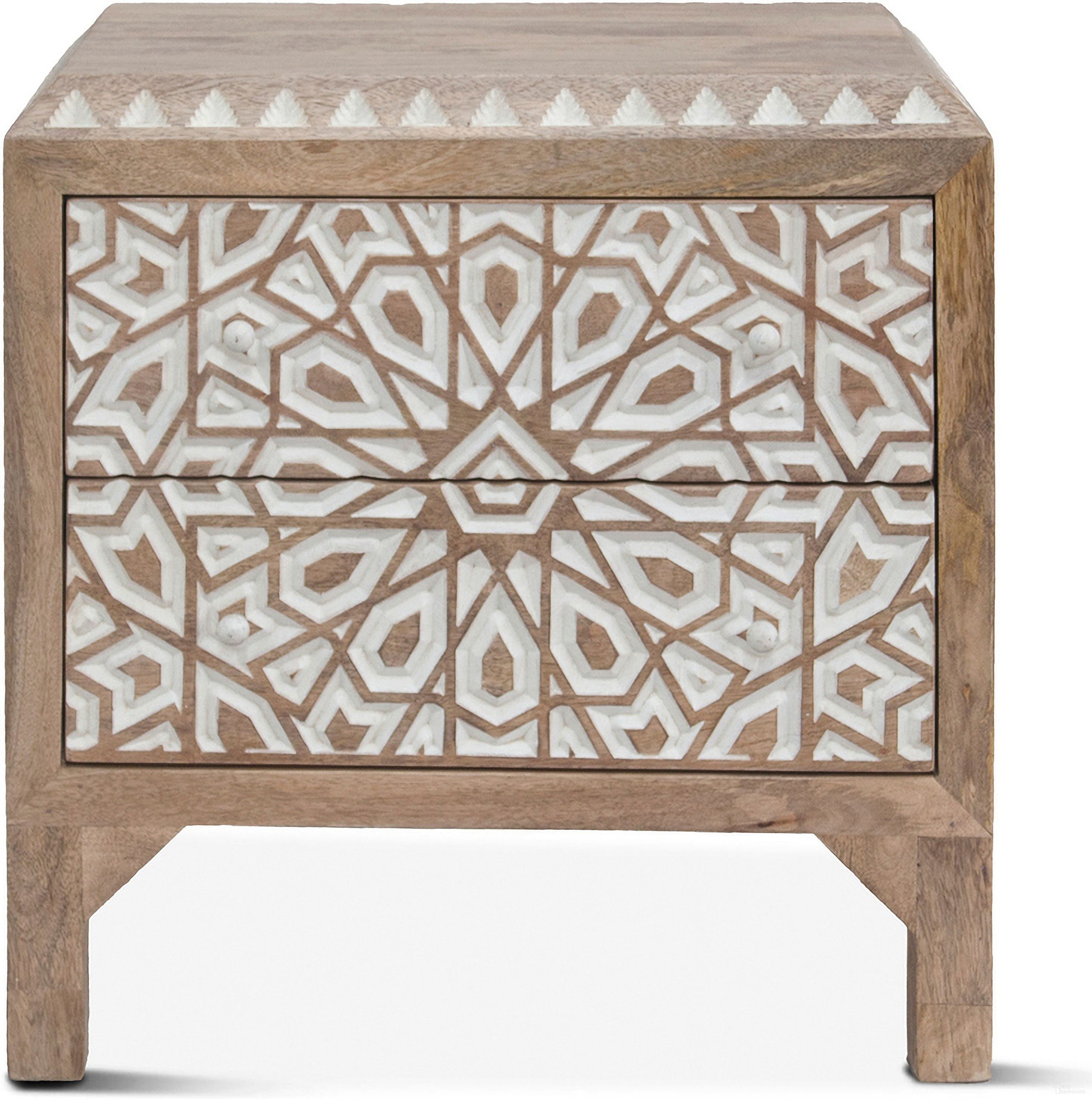 The appearance of Haveli Geometric Carved Nightstand In Natural White designed by Home Trends and Design in the modern / contemporary interior design. This natural white piece of furniture was selected by 1StopBedrooms from Haveli Collection to add a touch of cosiness and style into your home. Sku: ZWHANC26NW. Material: Mango Wood.