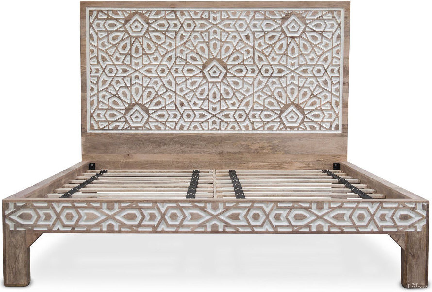 Haveli Geometric Carved Queen Bed In Natural White