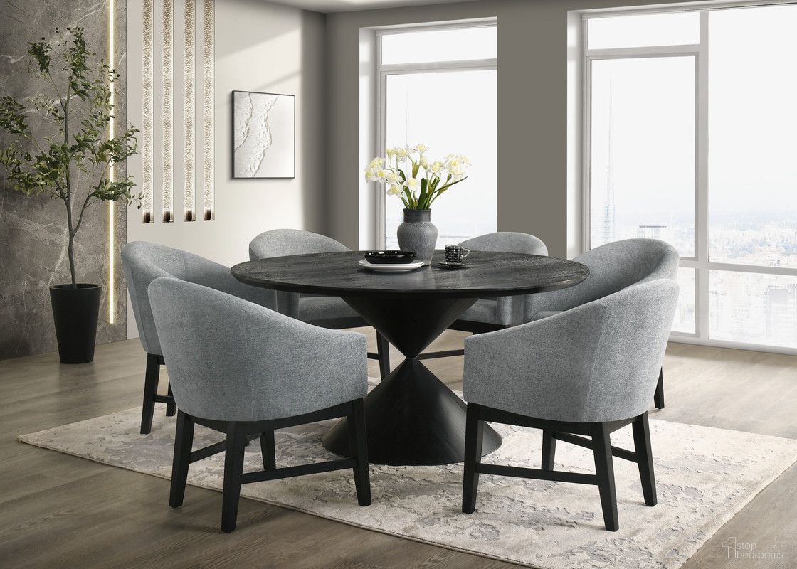 Haven 7PC 59 Inch Round Pedestal Dining Set with Hourglass Table Base and Gray Barrel Chairs In Ebony Black