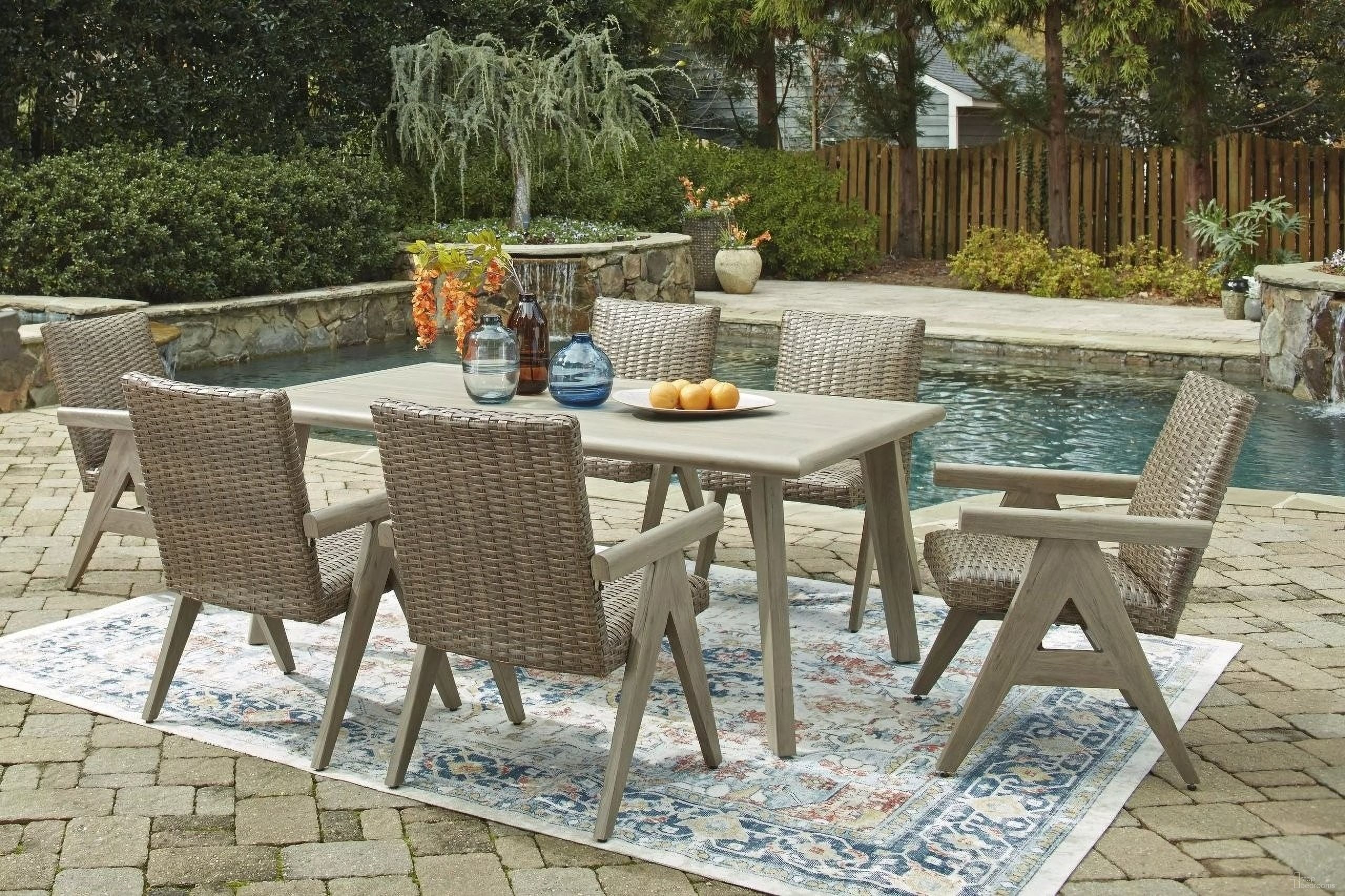 The appearance of Haven Retreat Outdoor Dining Room Set In Beige designed by Signature Design by Ashley in the transitional interior design. This beige piece of furniture was selected by 1StopBedrooms from Haven Retreat Collection to add a touch of cosiness and style into your home. Sku: NCP690-625;NCP690-601A;NCP690-602A. Material: Metal. Table Top Shape: Rectangular.