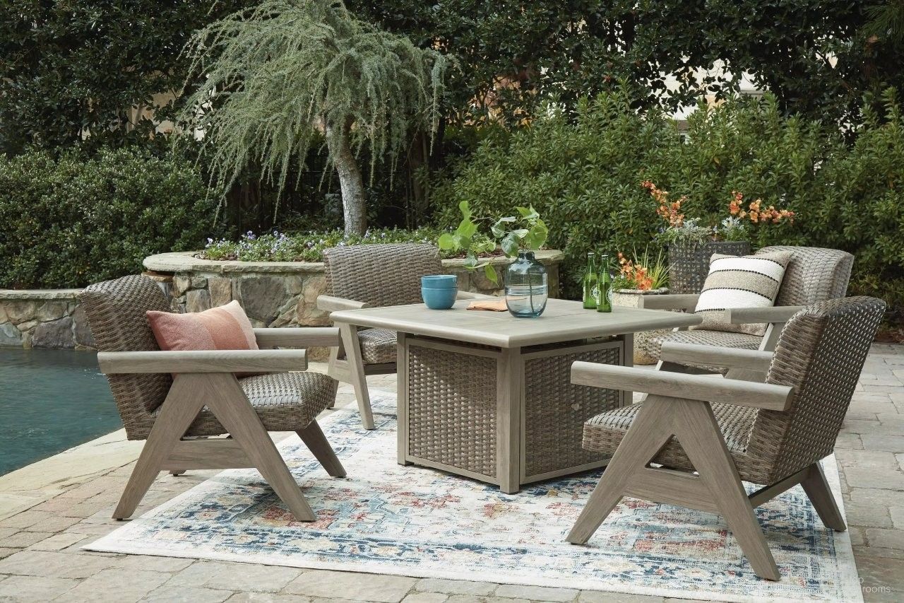 The appearance of Haven Retreat Outdoor Fire Pit Table Set In Beige designed by Signature Design by Ashley in the transitional interior design. This beige piece of furniture was selected by 1StopBedrooms from Haven Retreat Collection to add a touch of cosiness and style into your home. Sku: NCP690-772;NCP690-821. Table Top Shape: Square. Material: Metal.