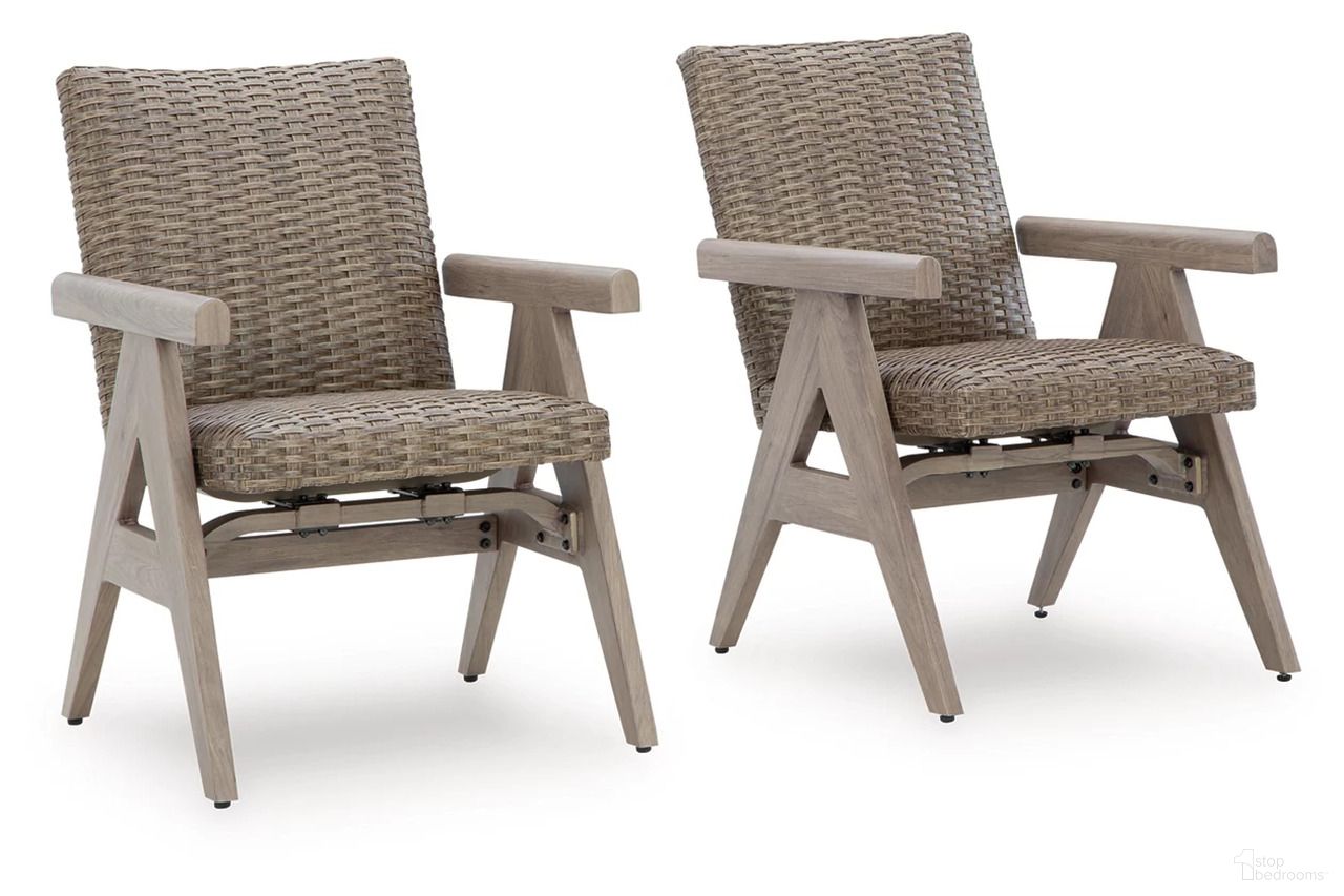 The appearance of Haven Retreat Outdoor Rocking Arm Chair Set of 2 In Beige designed by Signature Design by Ashley in the transitional interior design. This beige piece of furniture was selected by 1StopBedrooms from Haven Retreat Collection to add a touch of cosiness and style into your home. Sku: NCP690-602A. Material: Metal.