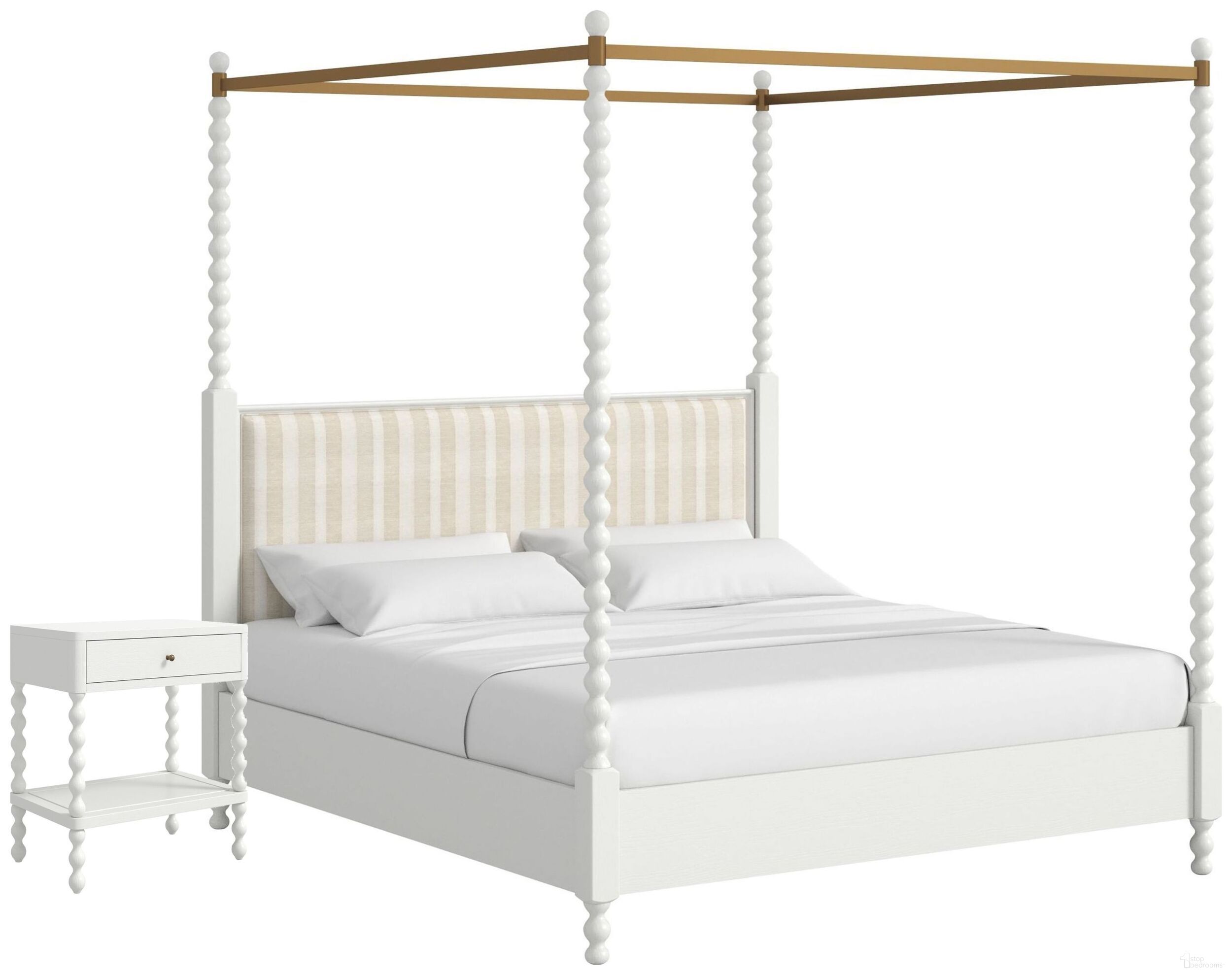 The appearance of Haven Upholstered Canopy Poster Bedroom Set In Warm White designed by A.R.T. in the transitional interior design. This warm white piece of furniture was selected by 1StopBedrooms from Haven Collection to add a touch of cosiness and style into your home. Sku: 339135-2367CN;339135-2367FB;339135-2367HB;339135-2367RS;339140-2367. Material: Wood. Bed Size: King.