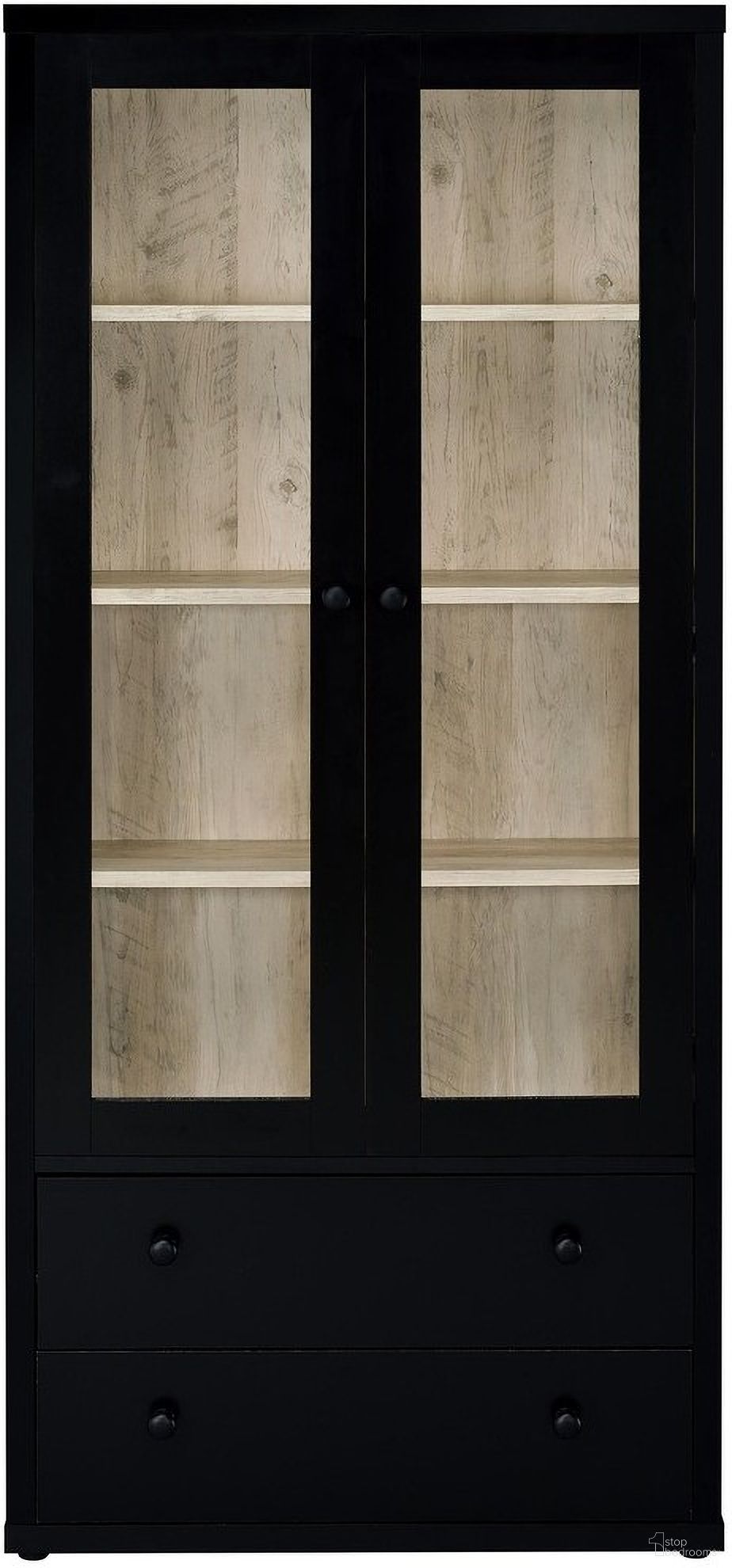 The appearance of Hawthorne 4-Shelf Glass Door Cabinet with Drawers In Black and Distressed Pine designed by Coaster in the country / farmhouse interior design. This black/distressed pine piece of furniture was selected by 1StopBedrooms from Hawthorne Collection to add a touch of cosiness and style into your home. Sku: 953478. Material: Particle Board.