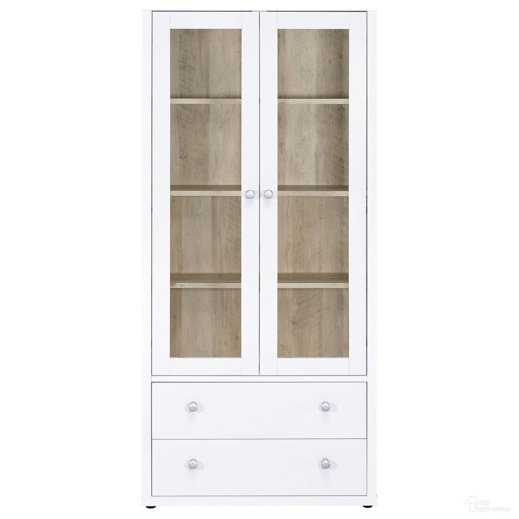 Hawthorne 4-Shelf Glass Door Tall Cabinet with Drawers In White and Distressed Pine