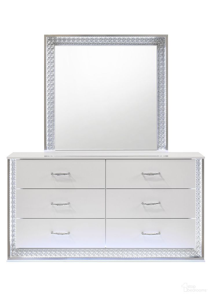 The appearance of Hazeline Dresser with LED In White designed by Furniture of America in the glam interior design. This white piece of furniture  was selected by 1StopBedrooms from Hazeline Collection to add a touch of cosiness and style into your home. Sku: FM72010WH-D. Material: Engineered Wood.