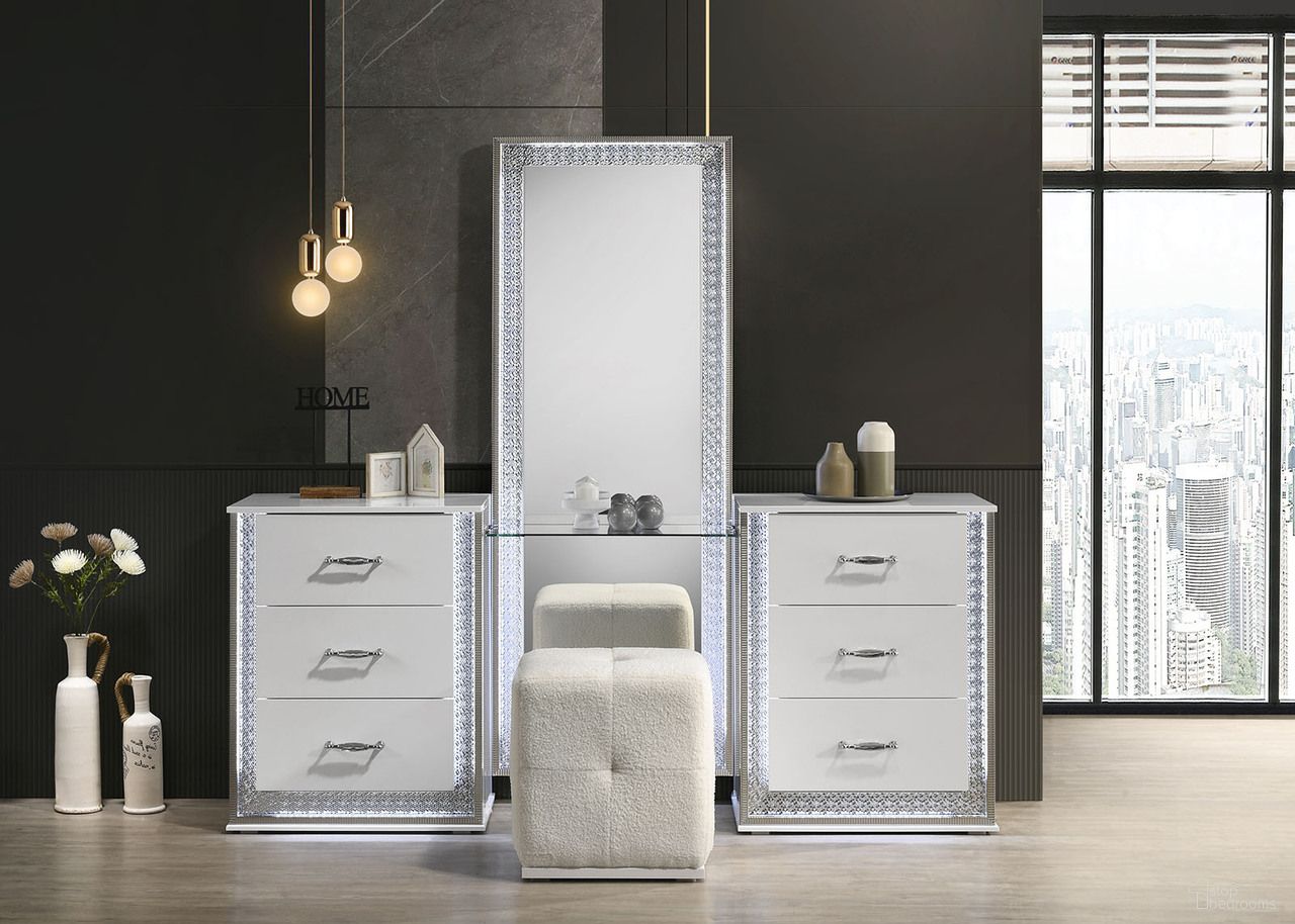 The appearance of Hazeline Vanity with Stool In White designed by Furniture of America in the glam interior design. This white piece of furniture  was selected by 1StopBedrooms from Hazeline Collection to add a touch of cosiness and style into your home. Sku: FM72010WH-V-1;FM72010WH-V-2;FM72010WH-V-3;FM72010WH-VS. Material: Glass.
