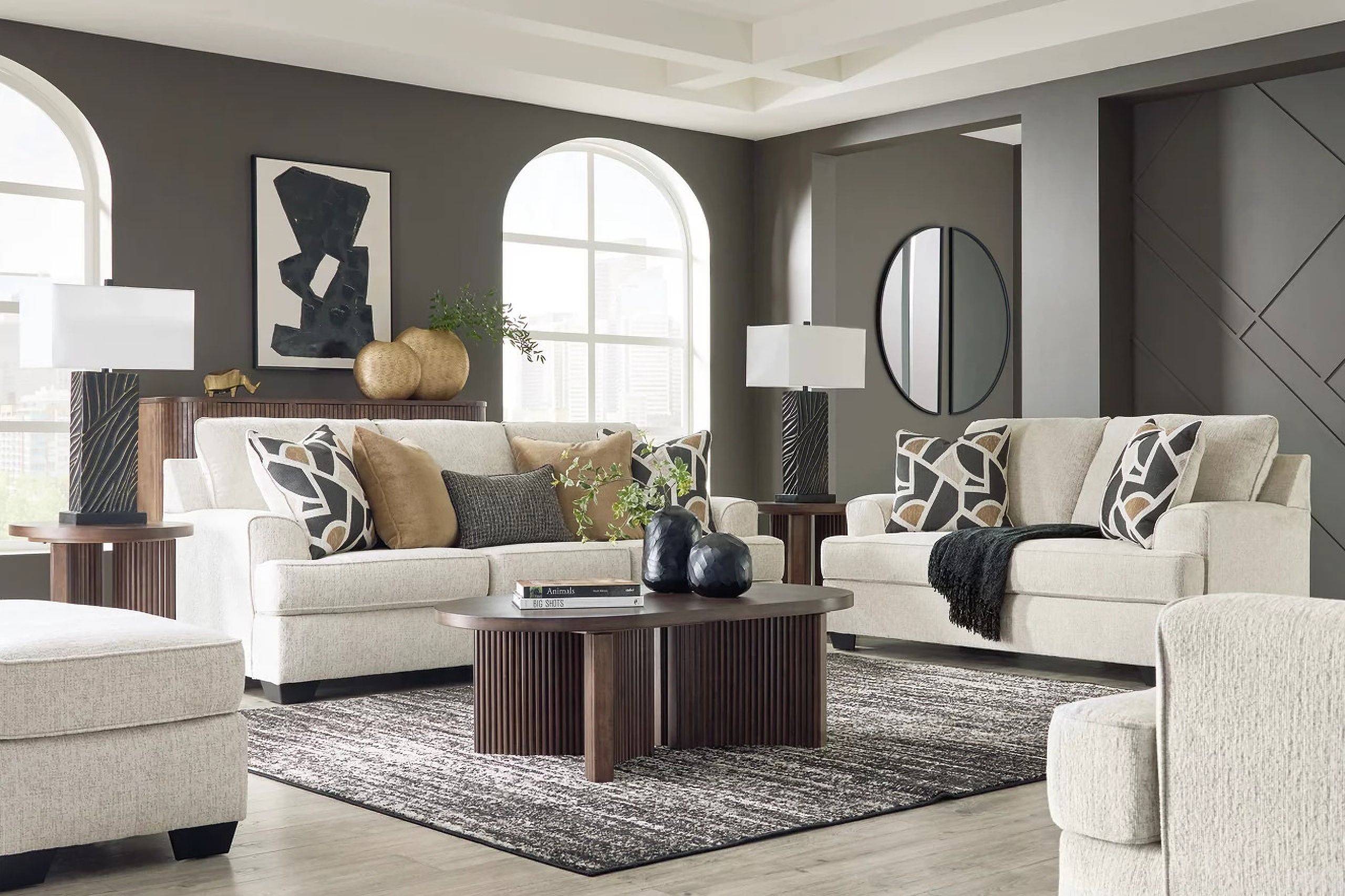 The appearance of Heartcort Living Room Set In Quartz designed by Signature Design by Ashley in the modern / contemporary interior design. This quartz piece of furniture  was selected by 1StopBedrooms from Heartcort Collection to add a touch of cosiness and style into your home. Sku: 4460438;4460435. Material: Fabric.