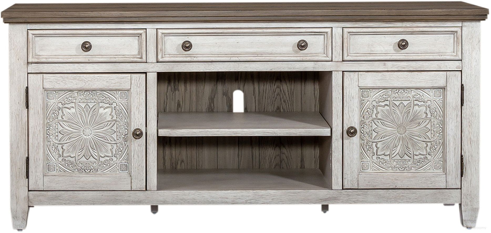 The appearance of Heartland 66 Inch Tile Tv Console designed by Liberty in the country / farmhouse interior design. This antique white piece of furniture  was selected by 1StopBedrooms from Heartland Collection to add a touch of cosiness and style into your home. Sku: 824-TV66T. Material: Rubberwood.