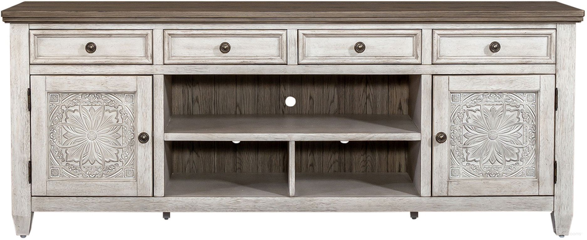 The appearance of Heartland 76 Inch Tile Tv Console designed by Liberty in the country / farmhouse interior design. This antique white piece of furniture  was selected by 1StopBedrooms from Heartland Collection to add a touch of cosiness and style into your home. Sku: 824-TV76T. Material: Rubberwood.