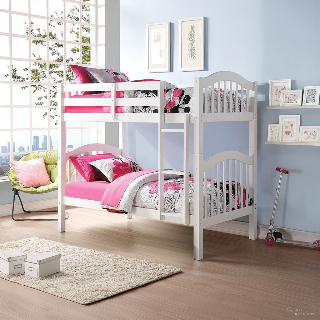 The appearance of Heartland White Twin Over Twin Bunk Bed designed by ACME in the modern / contemporary interior design. This white piece of furniture was selected by 1StopBedrooms from Heartland Collection to add a touch of cosiness and style into your home. Sku: 02354HF;02355R. Bed Type: Bunk Bed. Material: Wood. Bed Size: Twin Over Twin.