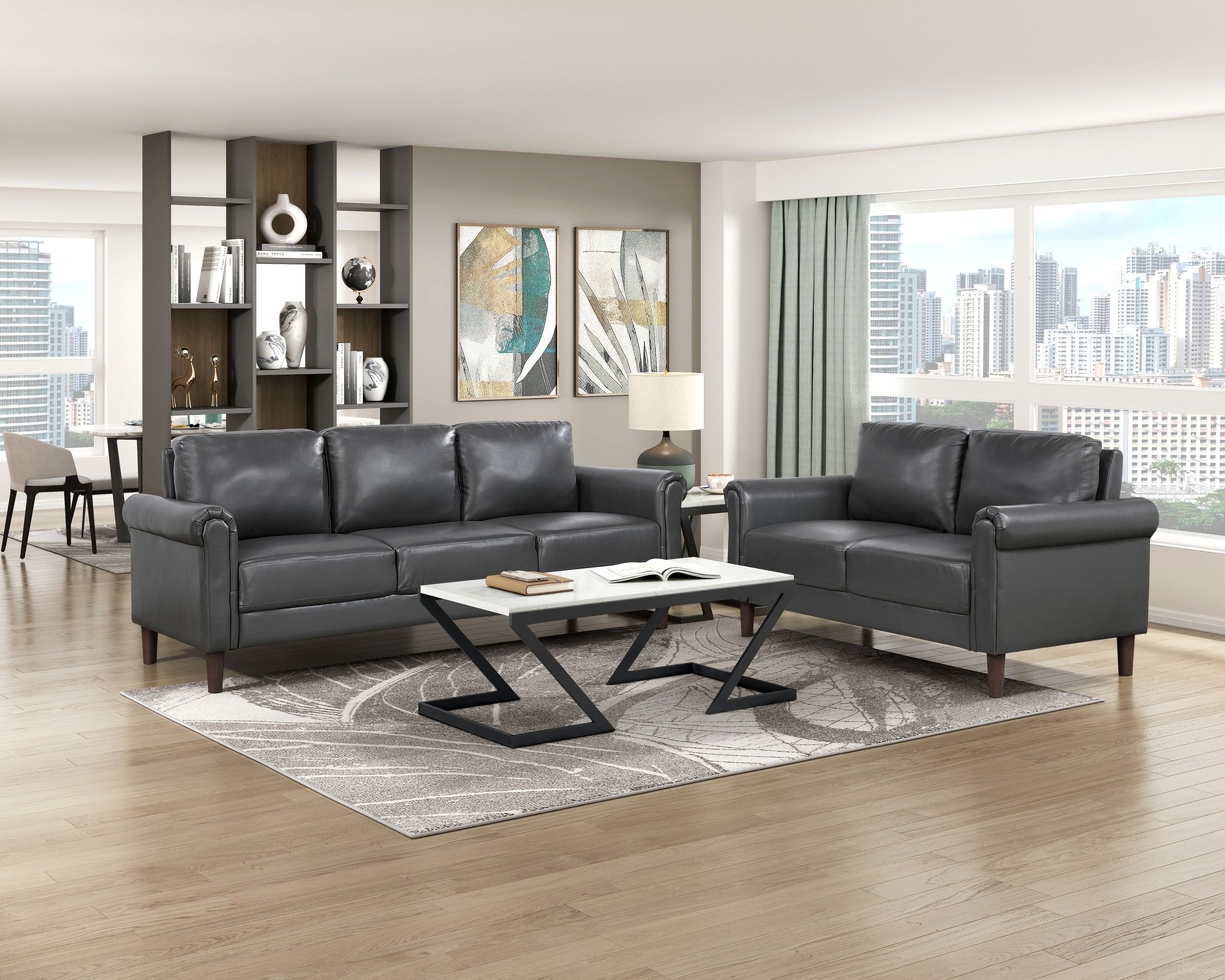 The appearance of Hector Living Room Set In Dark Gray designed by Homelegance in the traditional interior design. This dark gray piece of furniture  was selected by 1StopBedrooms from Hector Collection to add a touch of cosiness and style into your home. Sku: 9690DGY-3;9690DGY-2. Material: Faux Leather.